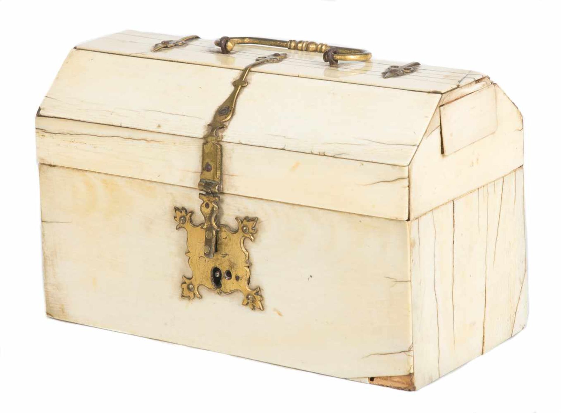 Ivory covered wooden chest with gilded bronze fittings. 16th century.It has a small drawer which can - Bild 2 aus 8