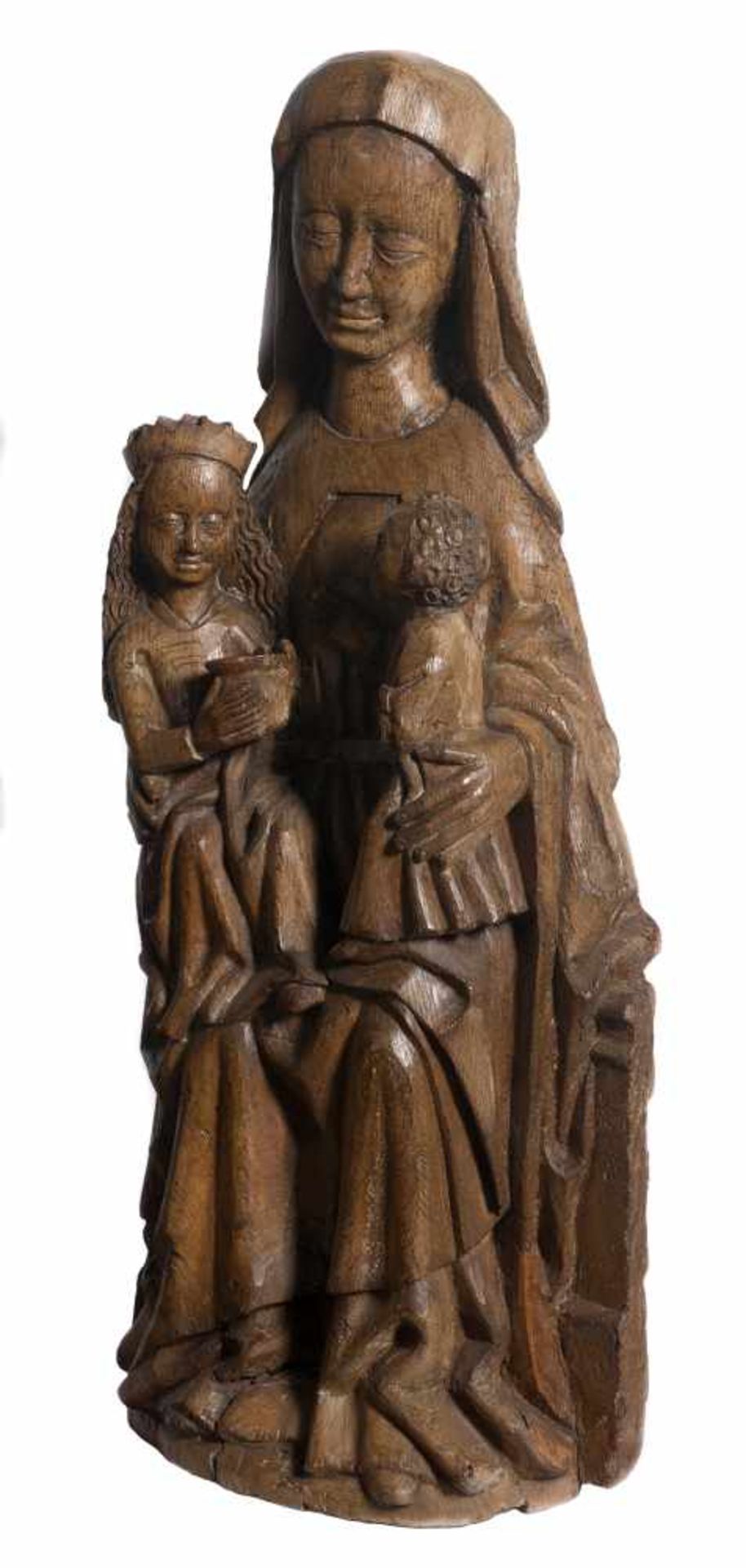 "Virgin and Child with Saint Anne". Carves wooden sculptural group. Flemish school. Gothic. 15th - Bild 3 aus 9