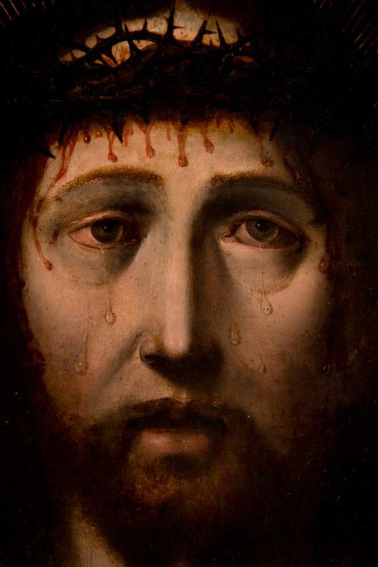 16th century Flemish School."Ecce Homo"Oil and gold illumination on panel. 37,9 x 29,1 cm.This - Bild 2 aus 7