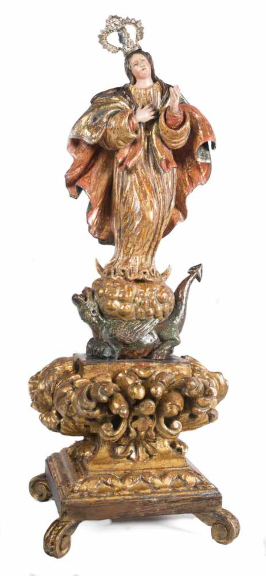 "Immaculate Conception". Carved and polychromed wooden sculpture with silver crowne. 17th century.