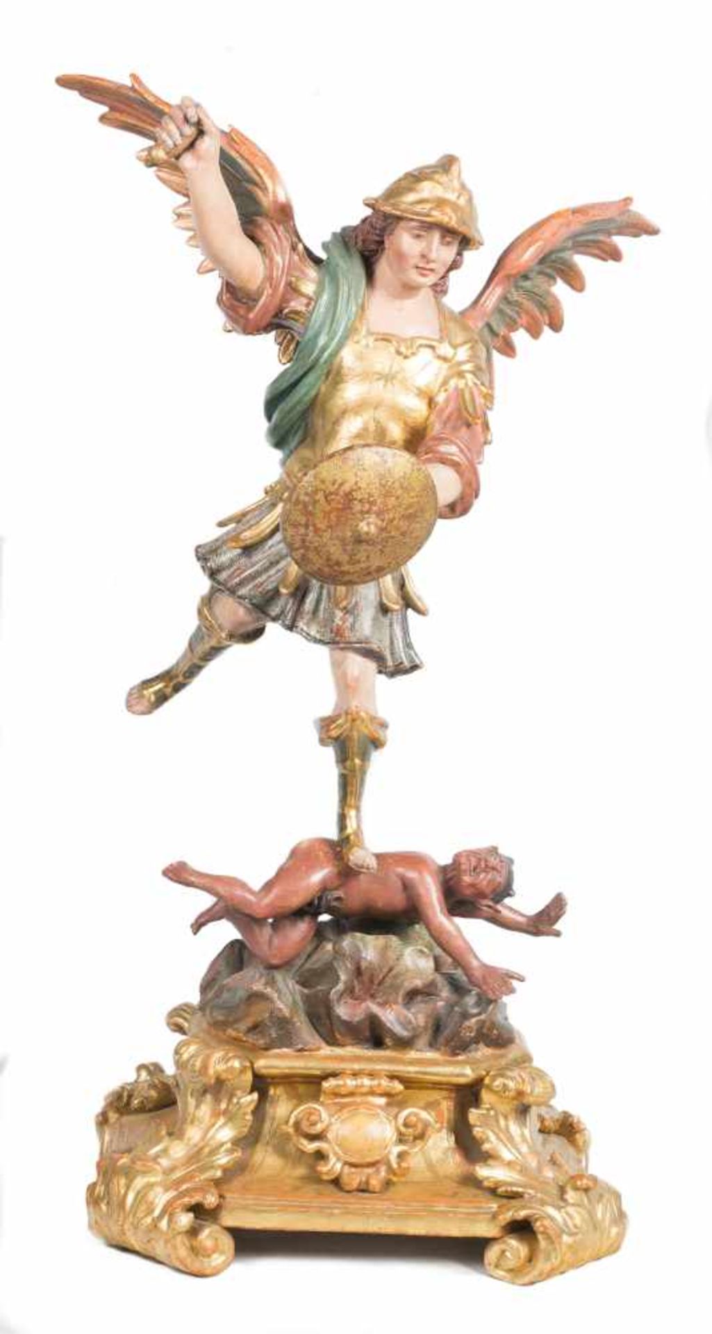 "Archangel Saint Michael". Carved, gilded and polychromed wooden sculpture. Colonial School.