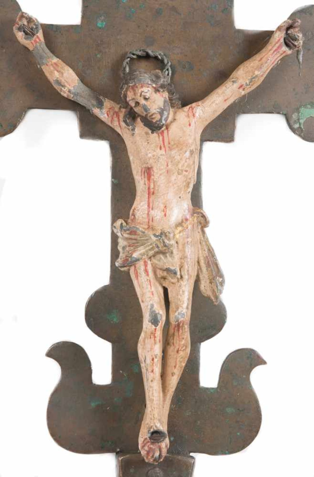 Copper processional crucifix. 15th century. With a polychromed lead figure of Christ with gild - Bild 2 aus 5