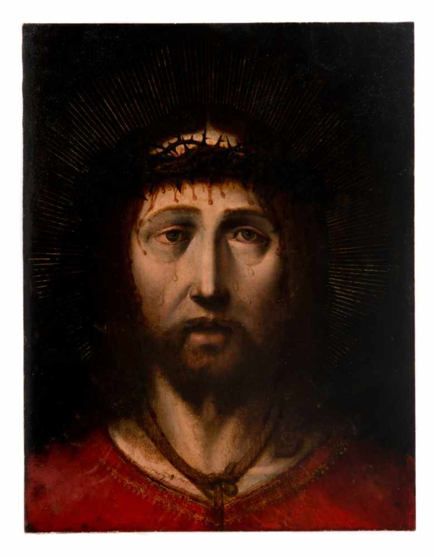 16th century Flemish School."Ecce Homo"Oil and gold illumination on panel. 37,9 x 29,1 cm.This