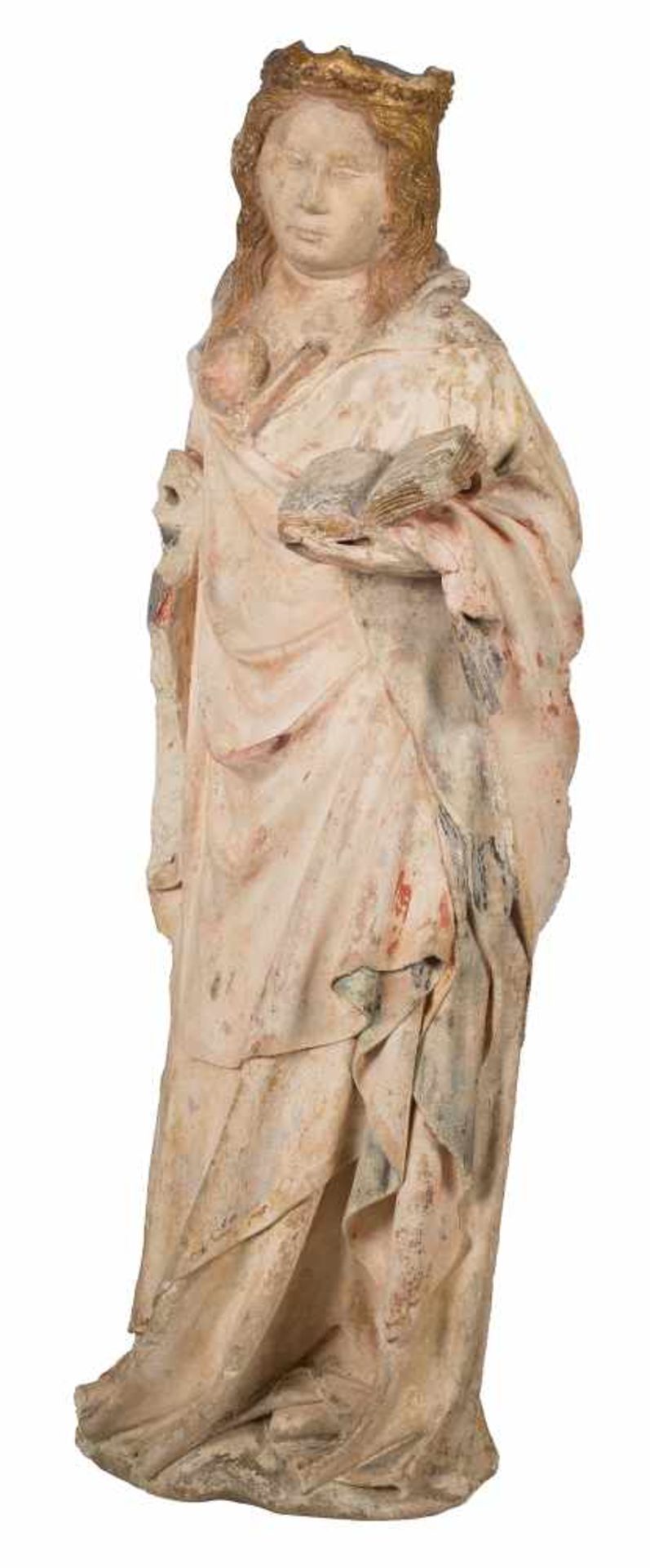 "Saint Agatha". Sculpted stone figure with polychrome and gilt residue. France. Possibly Lorraine. - Bild 2 aus 12