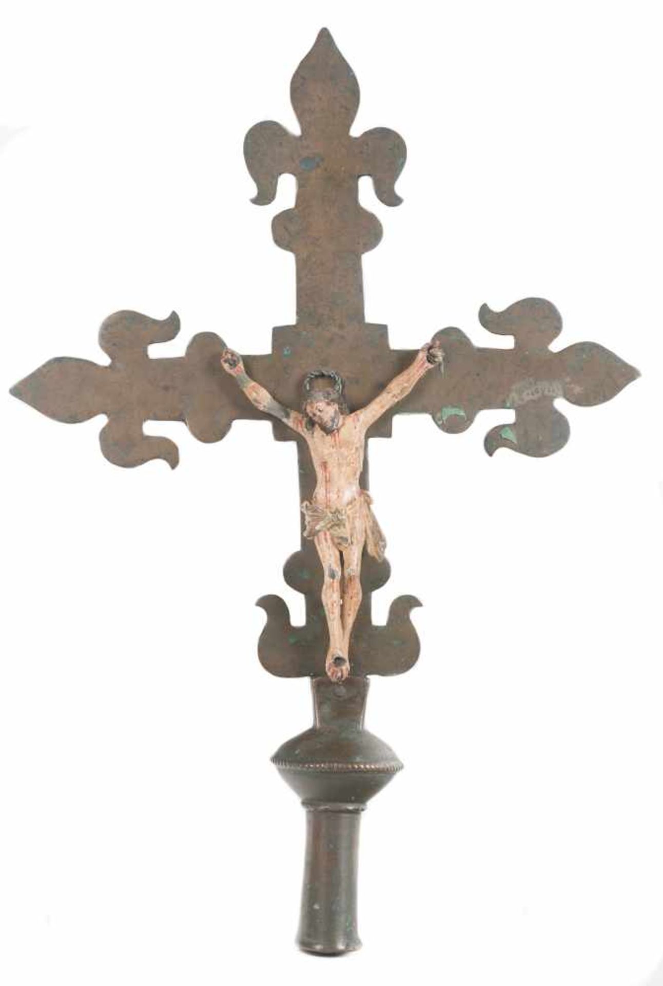 Copper processional crucifix. 15th century. With a polychromed lead figure of Christ with gild