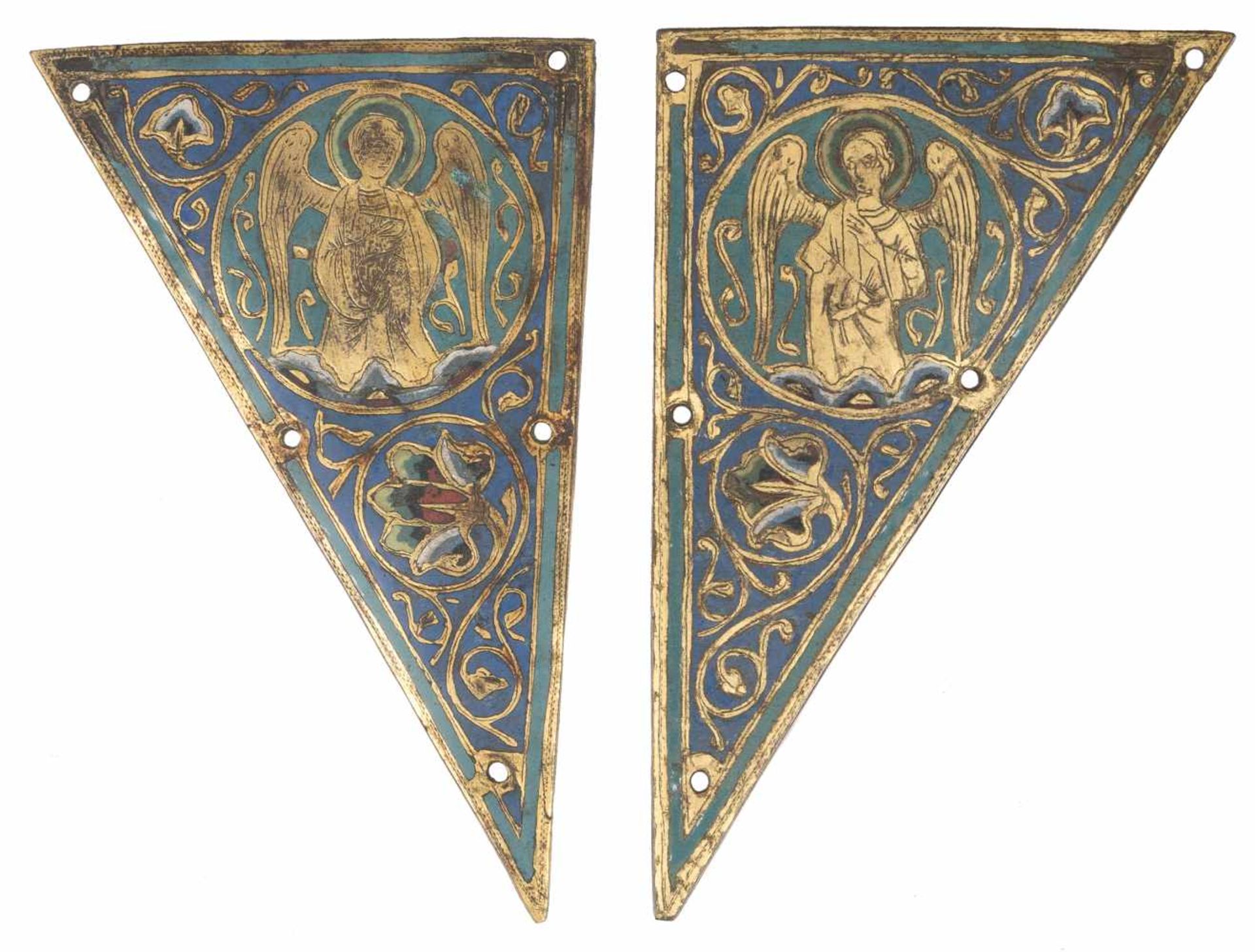 Two gilded and chased copper plaques with champlevé enamel. Limoges. France. Romanesque. Circa