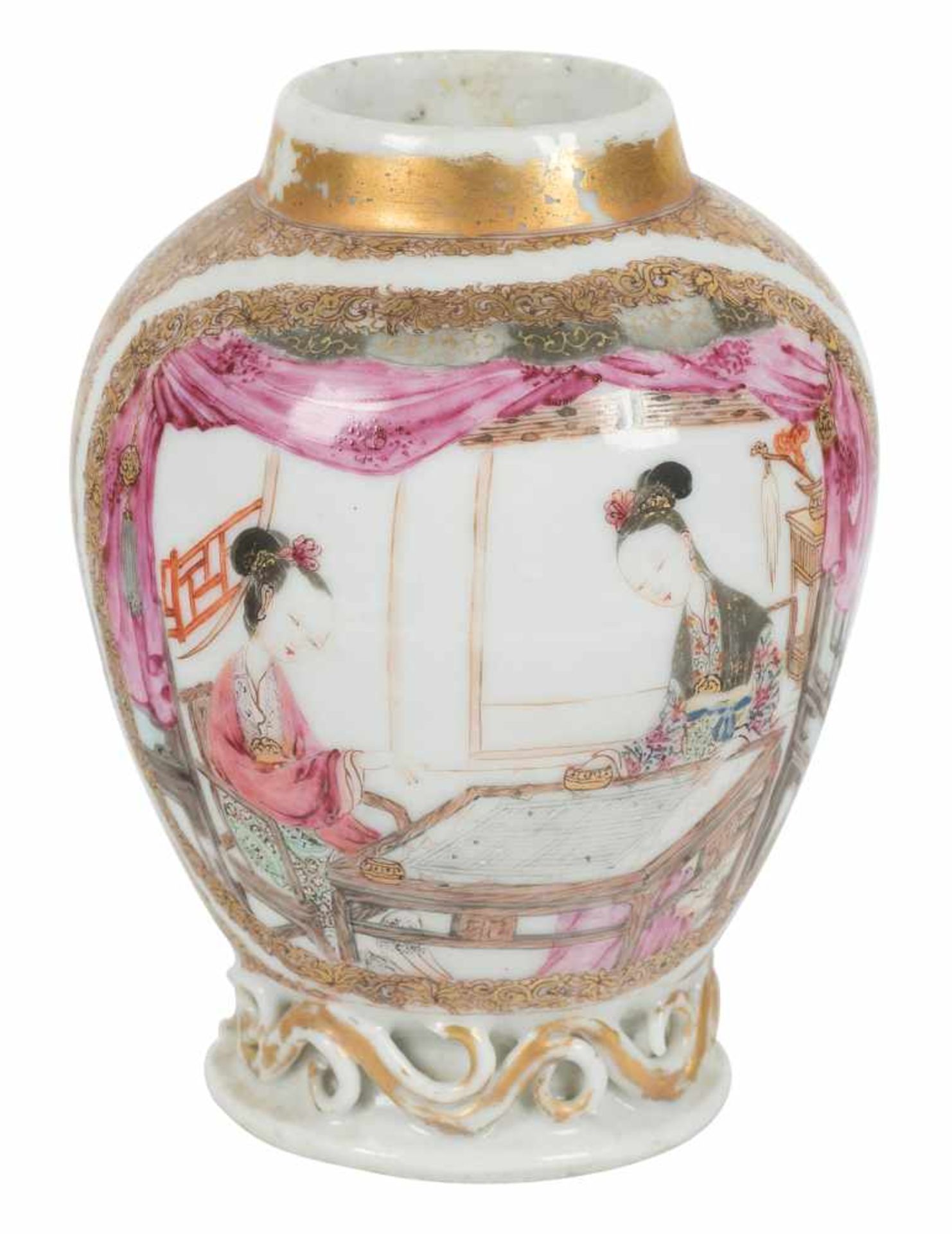A Chinese Famille Rose ovoid vase, Yongzheng/Qianlong period (1723-1795).Decorated on each side