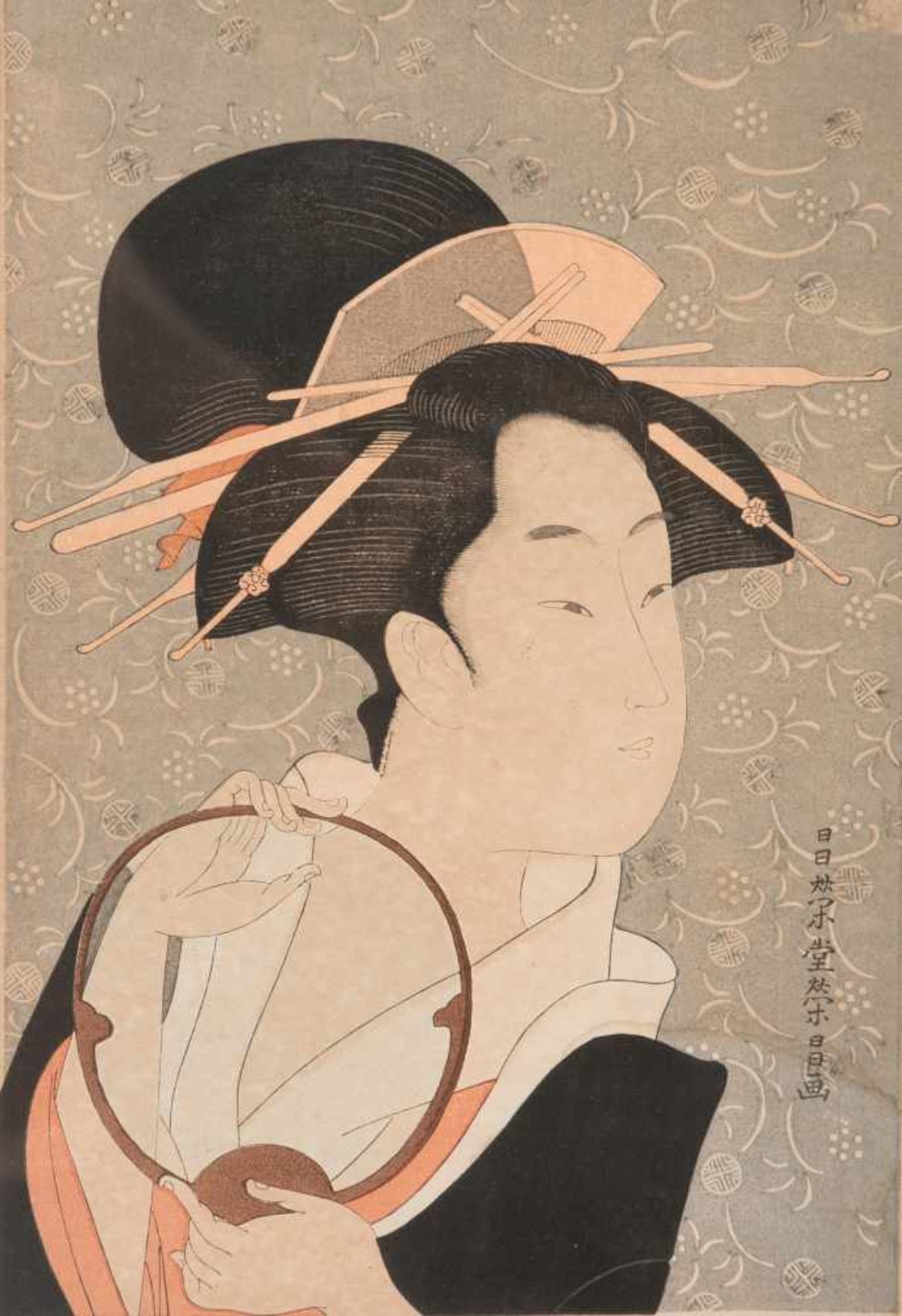 Ukiyo-e woodblock print. Japan. Edo Period (1603-1868).Signed. Depicting a courtesan holding a