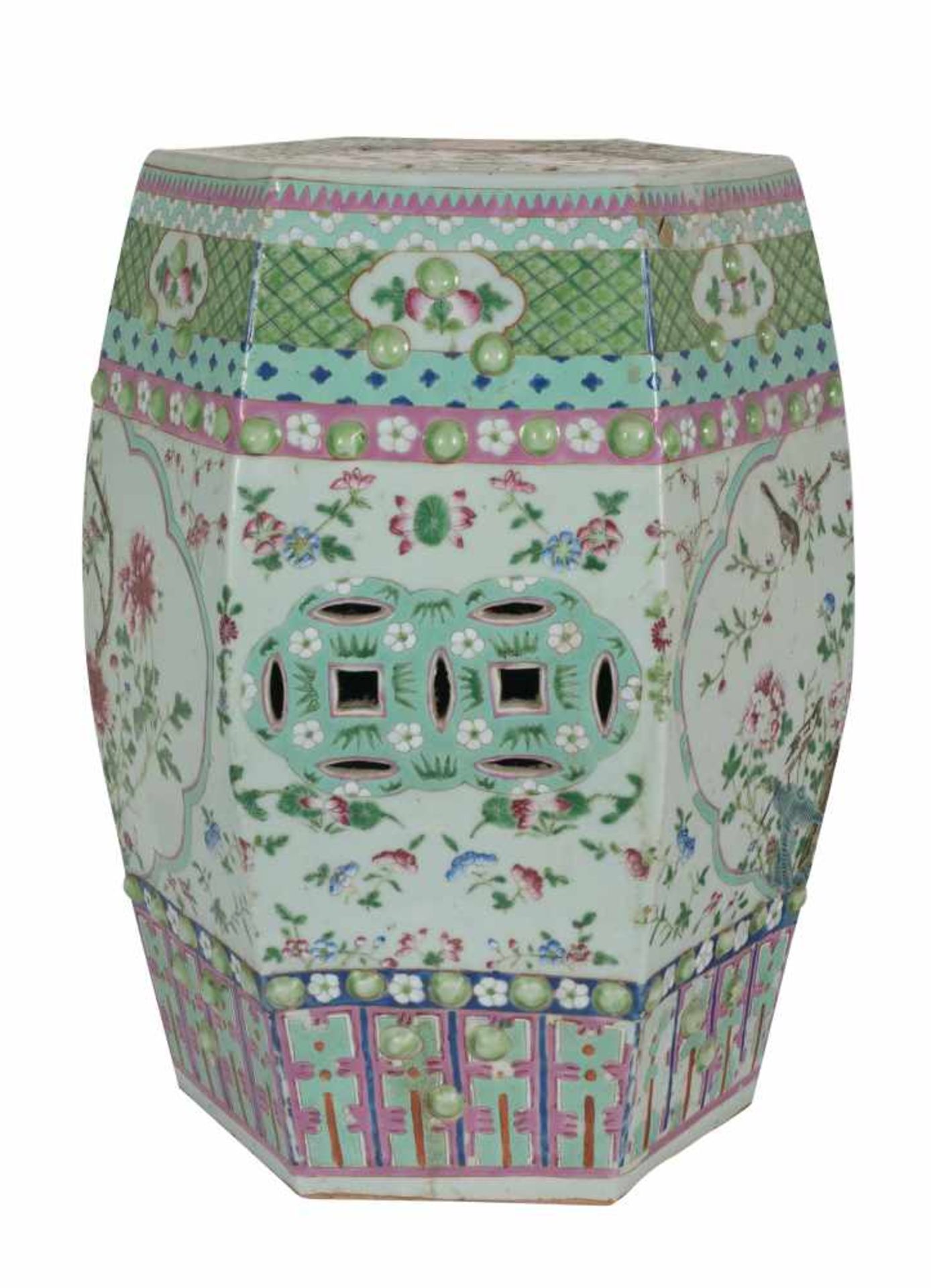 Export porcelain octagonal garden seat. China. Rosa family. Qing dynasty. 19th century.46 x 30 - Bild 5 aus 7