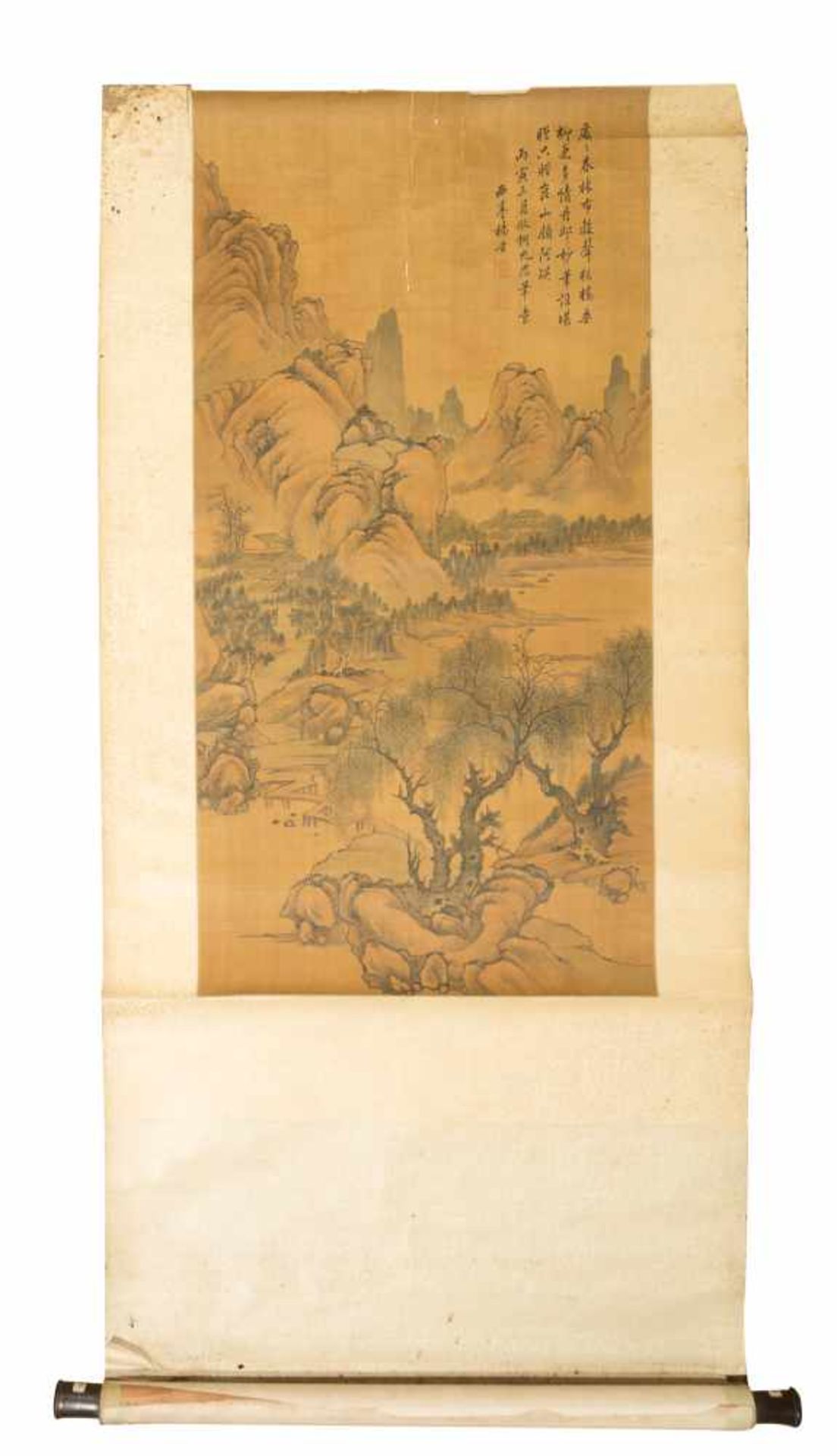 A Chinese hanging scroll from the Qing period (1636-1912) depicting a misty landscape.Ink and c