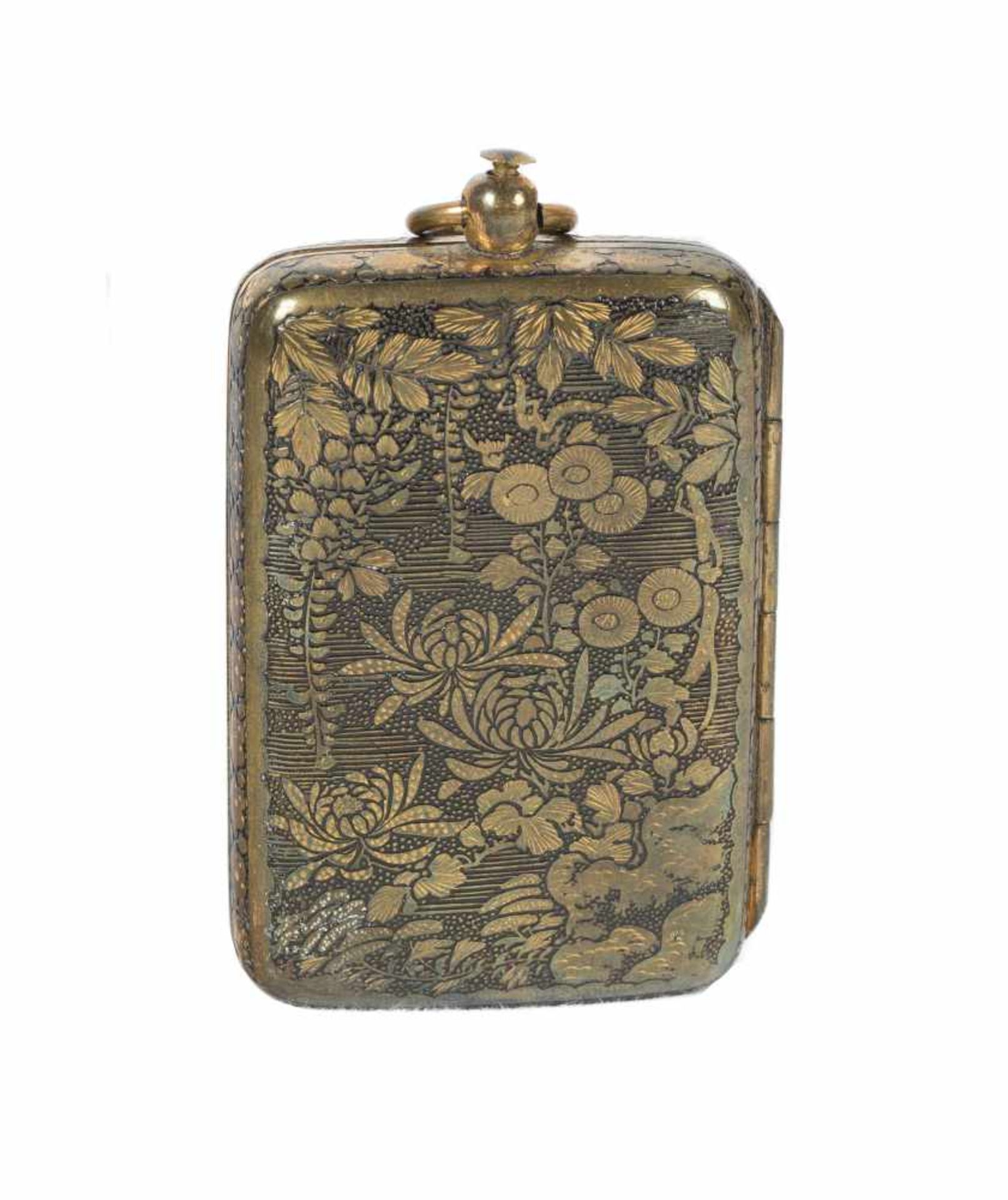 A Japanese inlaid iron Komai style miniature coin purse. Meiji period. 19th Century.6 x 3,5 cm.