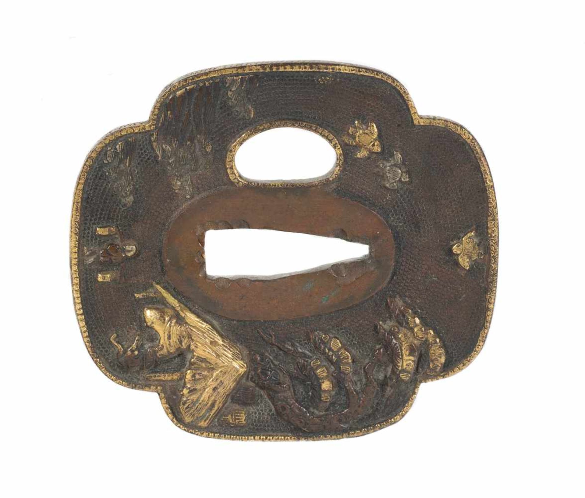 A shibuichi shakudo mokko tsuba (sword guard). Japan. Edo period. 18th-19th Centuries. 6,5 x 6