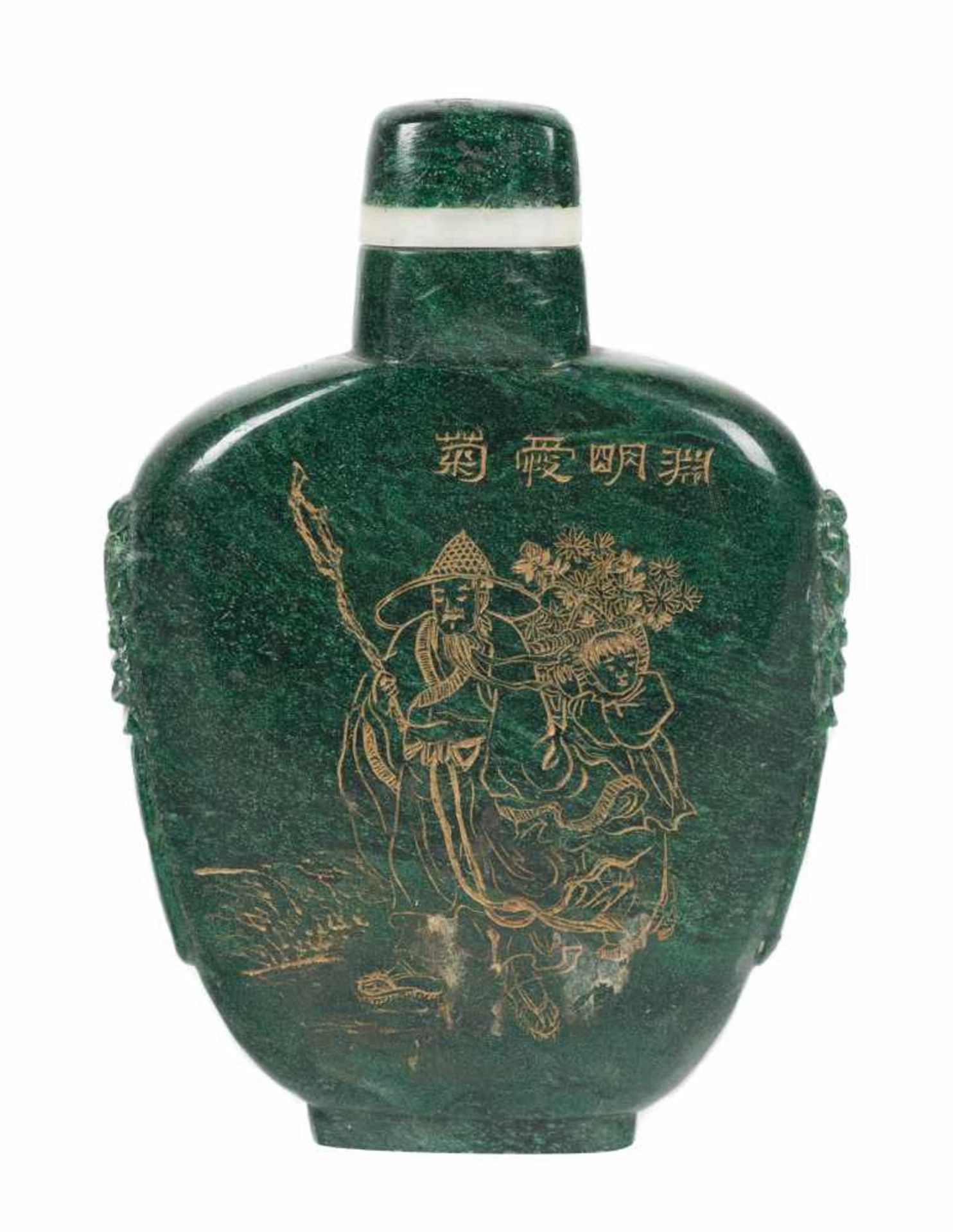 A 19th century Chinese snuff bottle from the Qing dynasty period. Carved from malachite in a fl