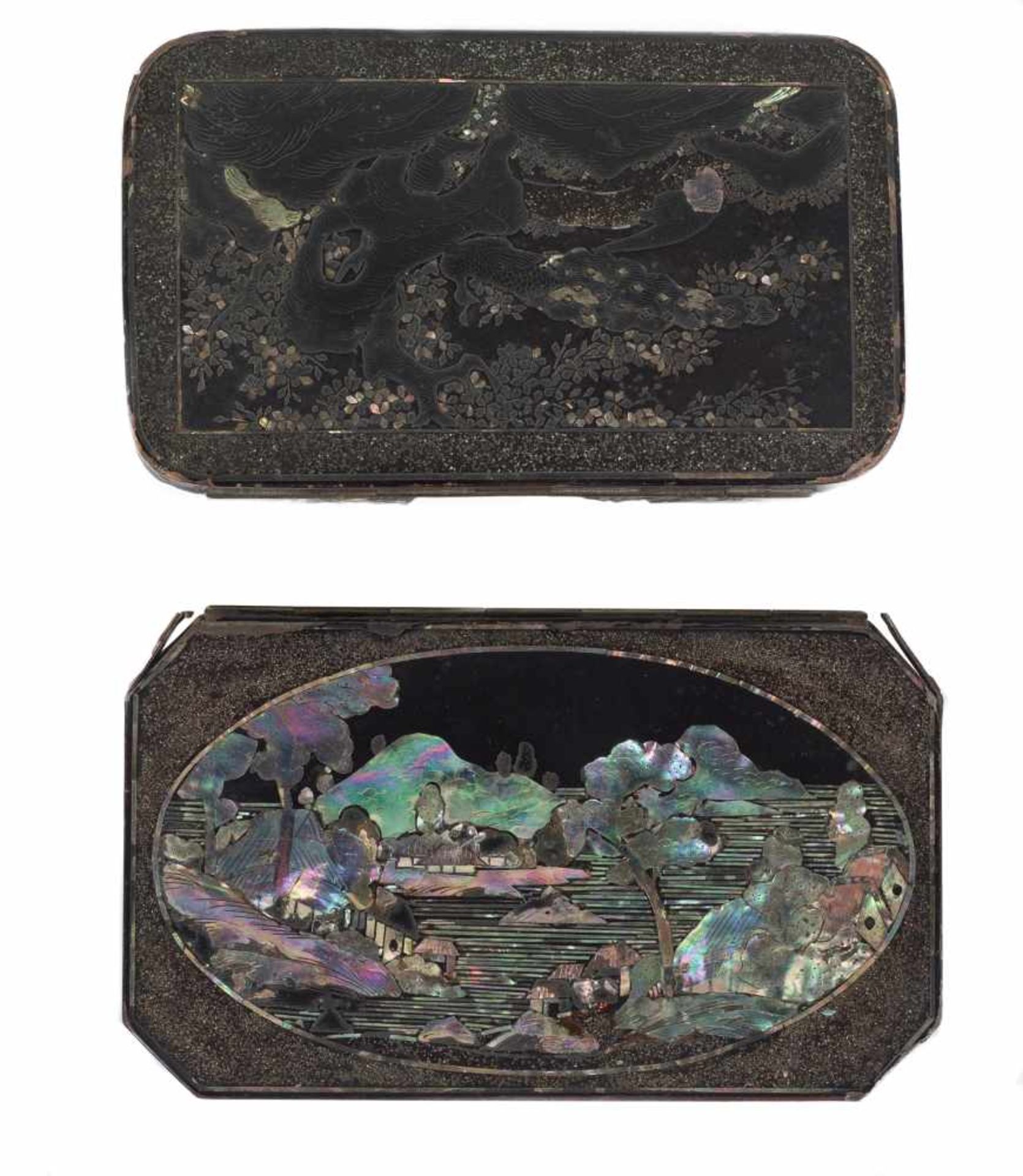 A pair of Japanese tobacco boxes, Black lacquer over copper, inlaid with mother-of-pearlEdo per