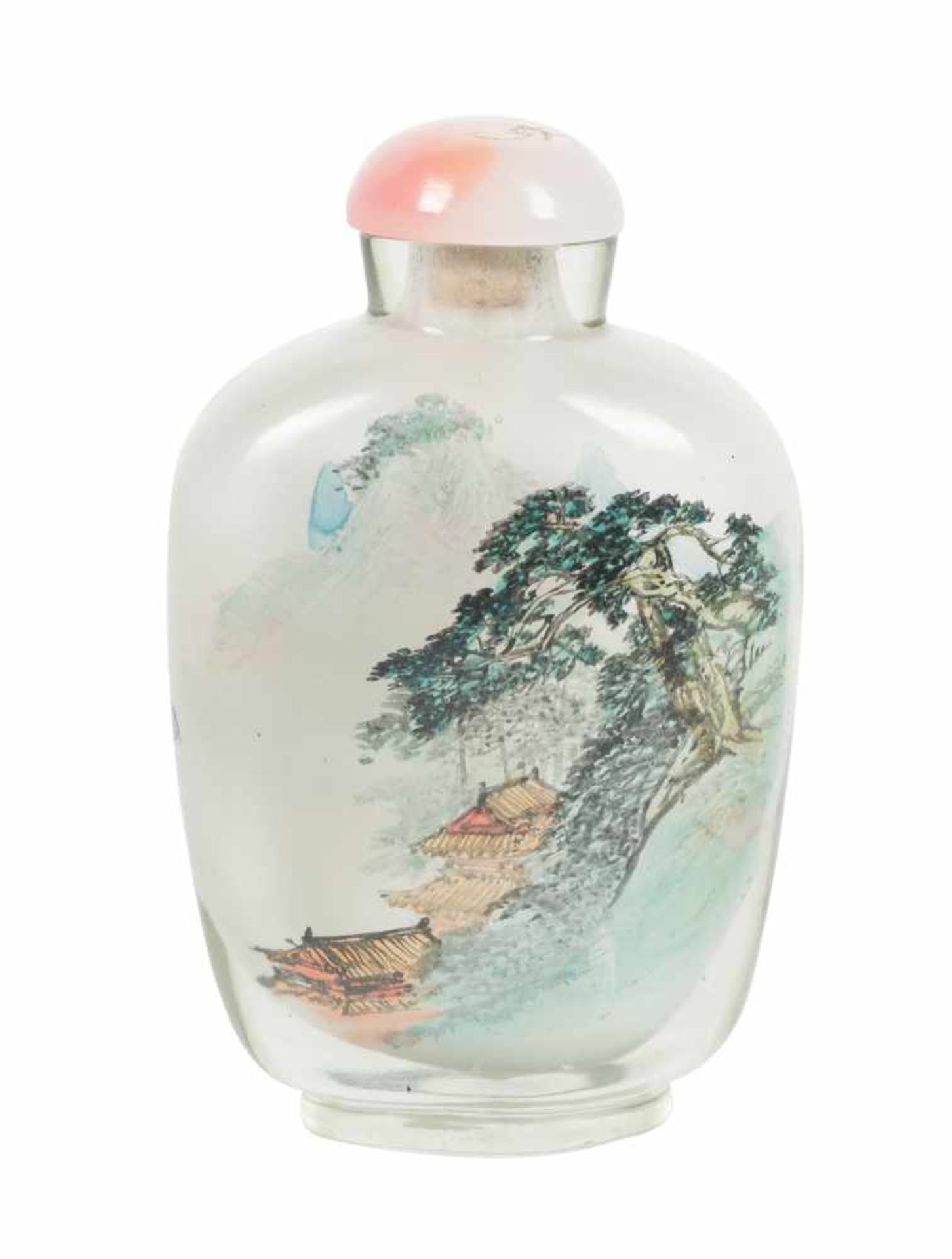 An inside painted glass snuff bottle with a rose quartz stopper. China. Qing dynasty. Early 20th