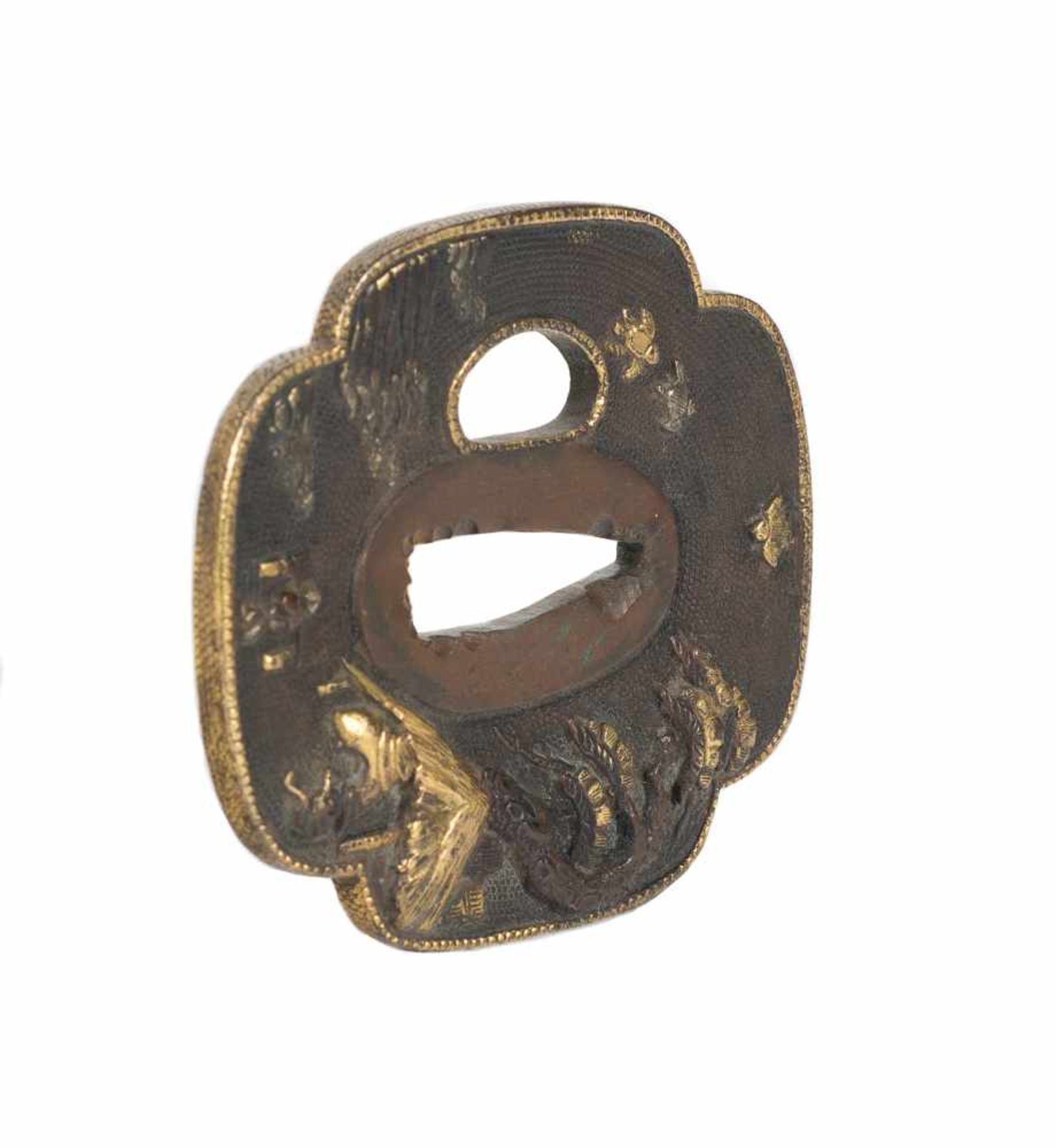 A shibuichi shakudo mokko tsuba (sword guard). Japan. Edo period. 18th-19th Centuries. 6,5 x 6 - Bild 5 aus 5