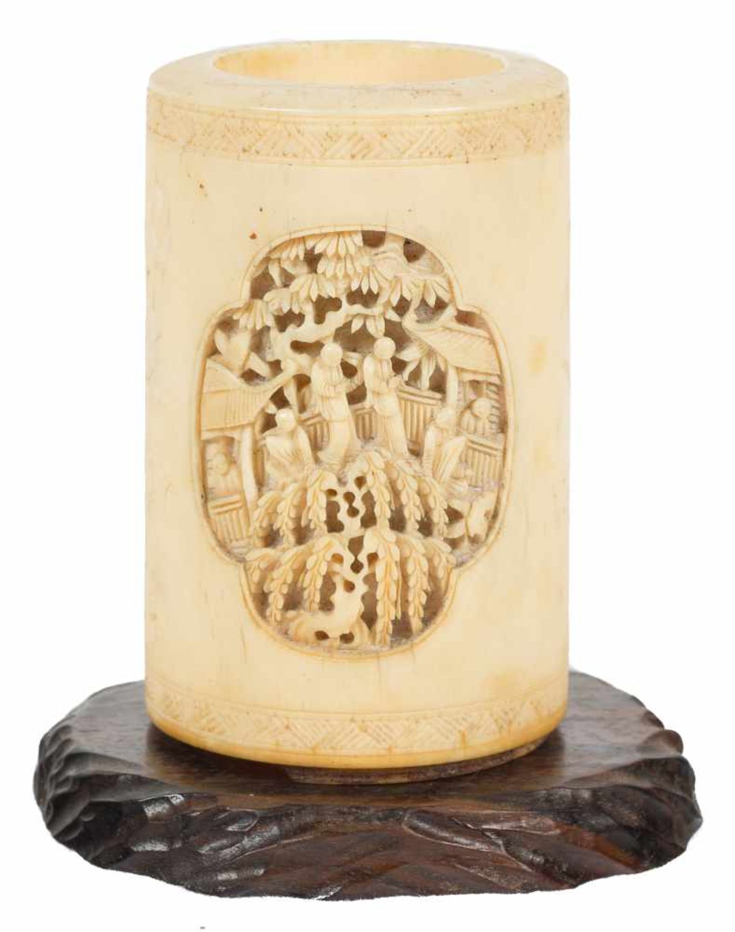 A fine ivory brushpot of cylindrical form. Qing dynasty, 19th century.Deeply carved with schola - Image 3 of 7