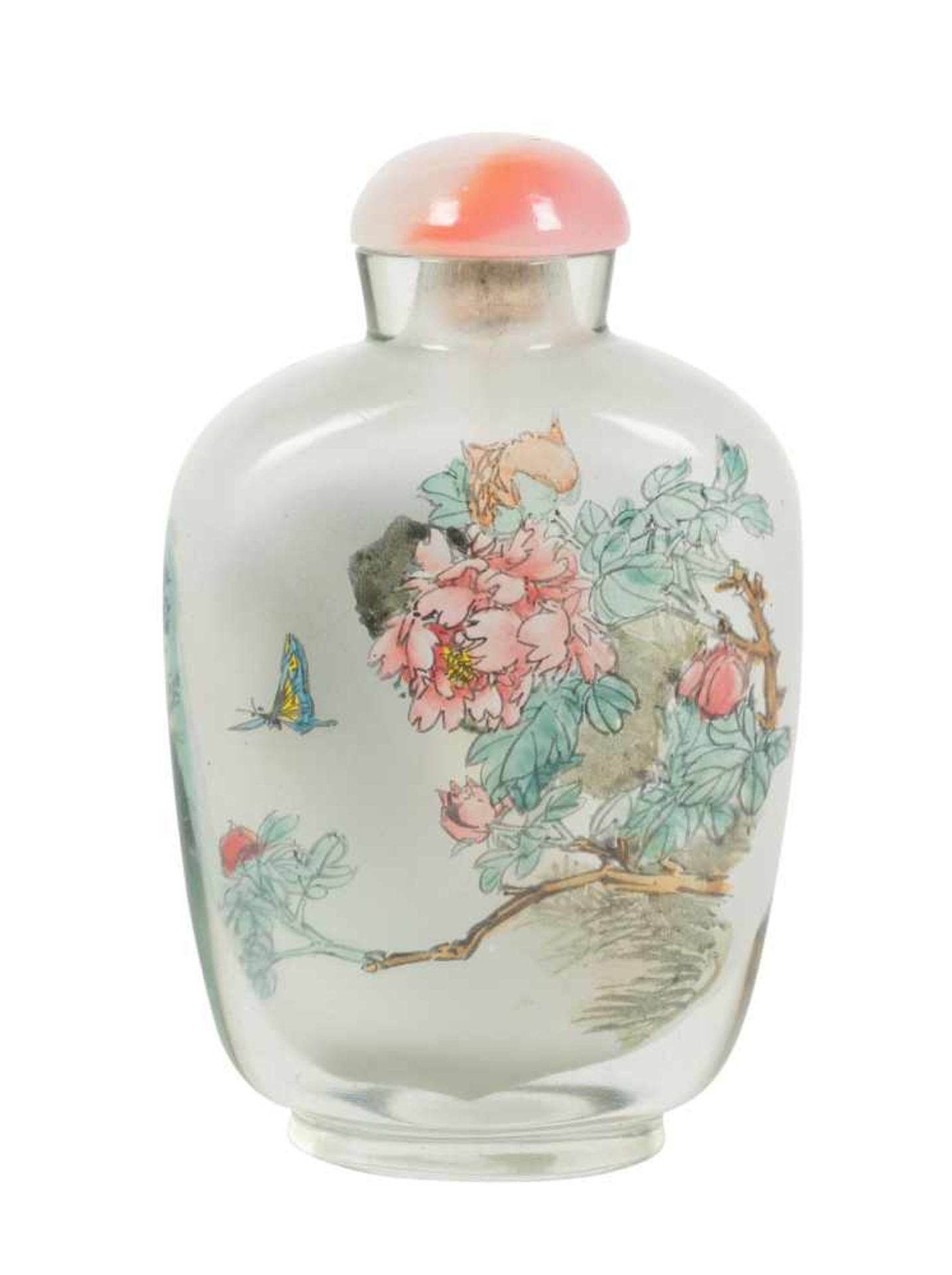 An inside painted glass snuff bottle with a rose quartz stopper. China. Qing dynasty. Early 20th - Bild 2 aus 4