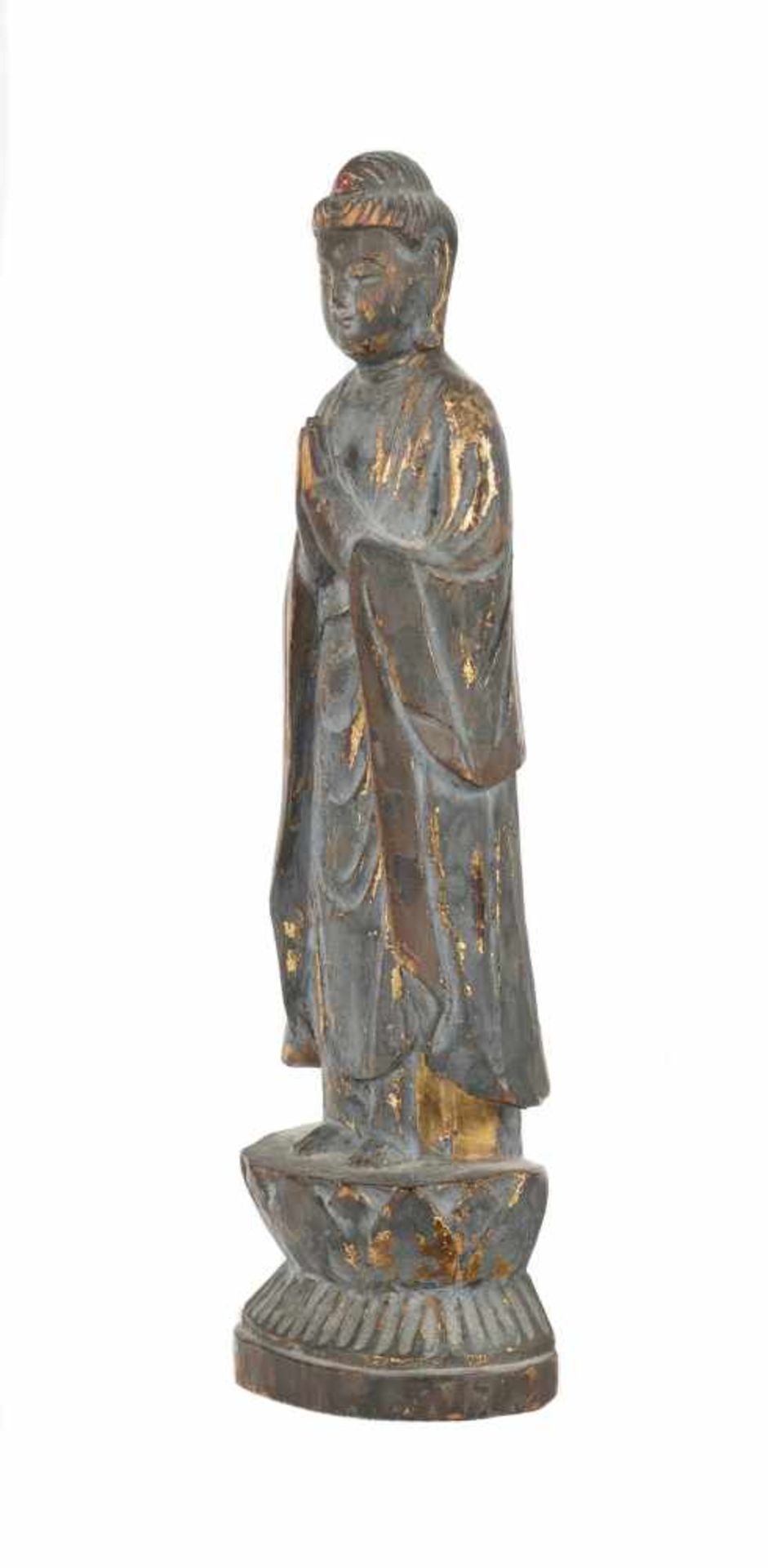 A patially gilt carved wood standing figure of Buddha. Thailand. Bangkok Period. 19th Century.P - Bild 3 aus 6