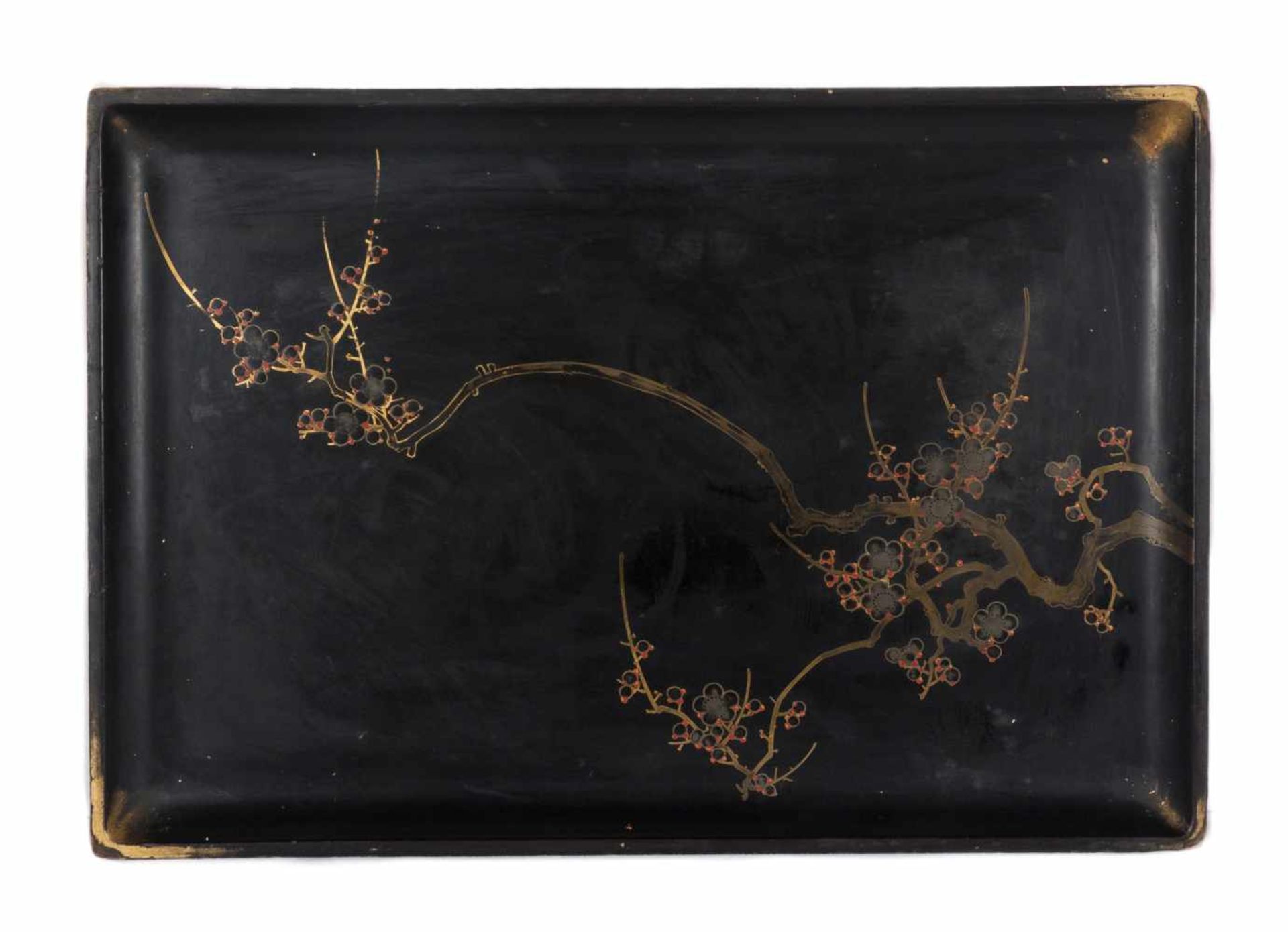 A Japanese gilt and black lacquer rectangular tray, depicting blossoming cherry tree branches. Meiji