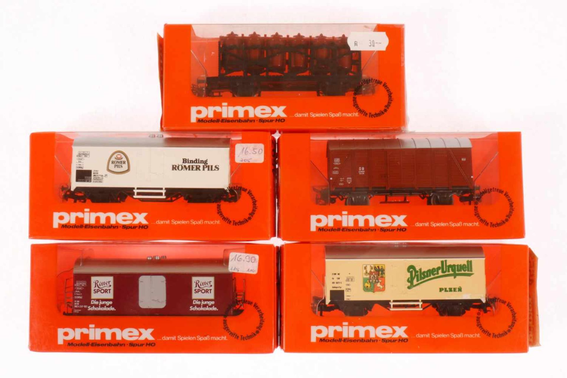 5 Primex Güterwagen 4542, 4543, 4553, 4587 und 4597, S H0, je im OK, Z 1-2<