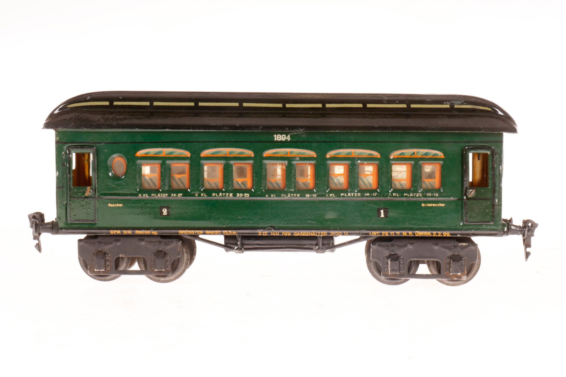 Märklin Personenwagen 1894, S 1, HL, mit Inneneinrichtung und 4 AT, LS und gealterter Lack, L 33,