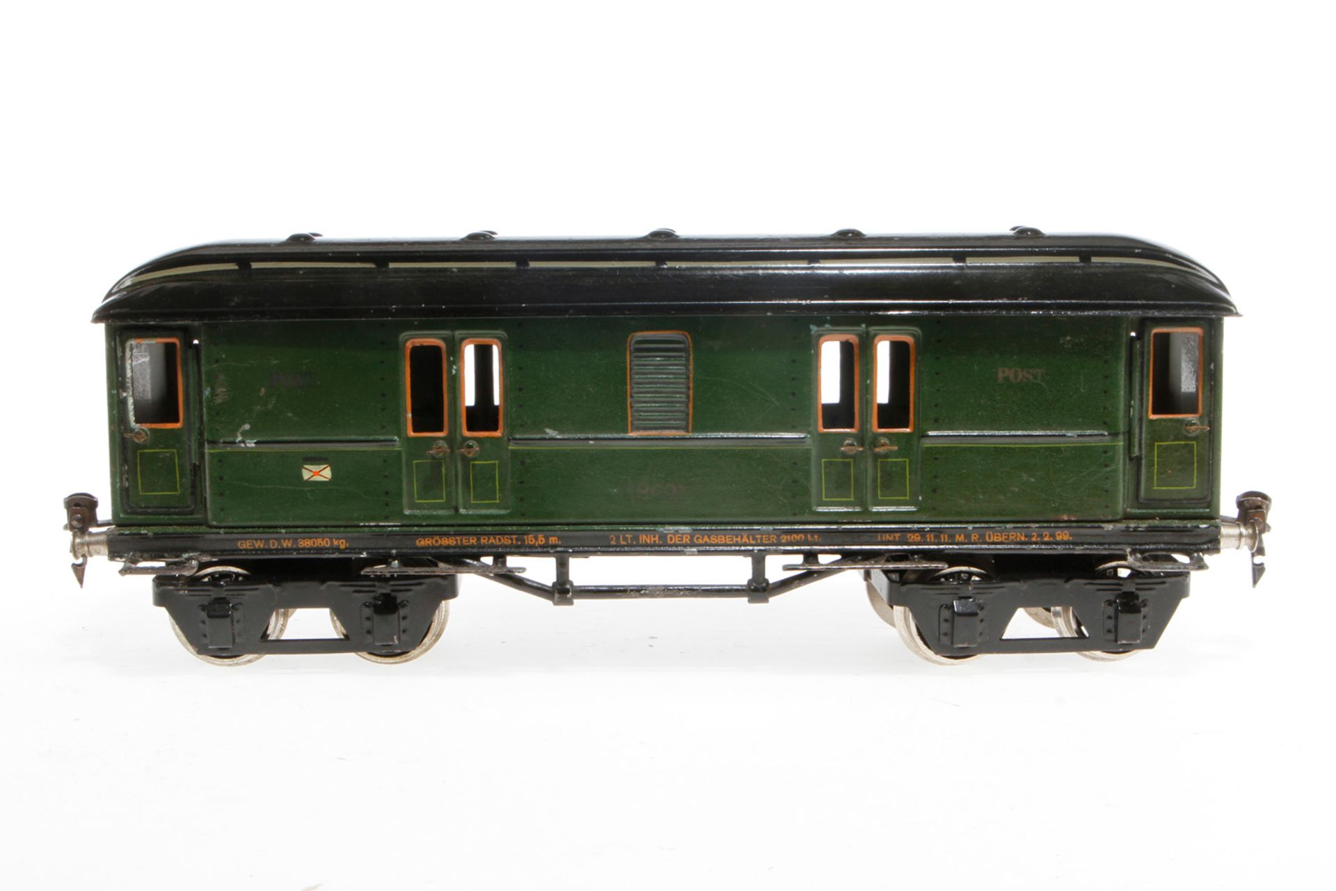 Märklin Postwagen 1869, S 1, HL, mit 4 AT, Drehgestelle ersetzt, LS und gealterter Lack, L 33,5, Z