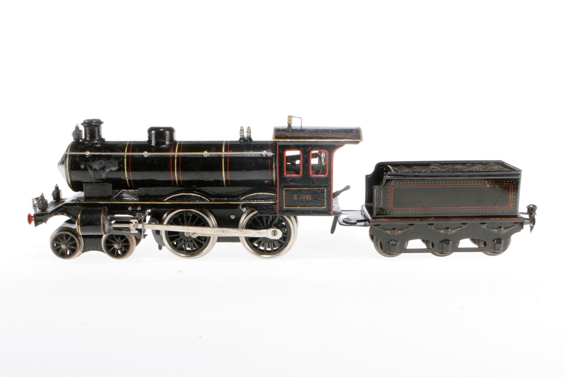 Märklin 2-B Dampflok E 1021, S 1, Uhrwerk intakt, mit Tender, ÜL, tw ergänzt, bespielt