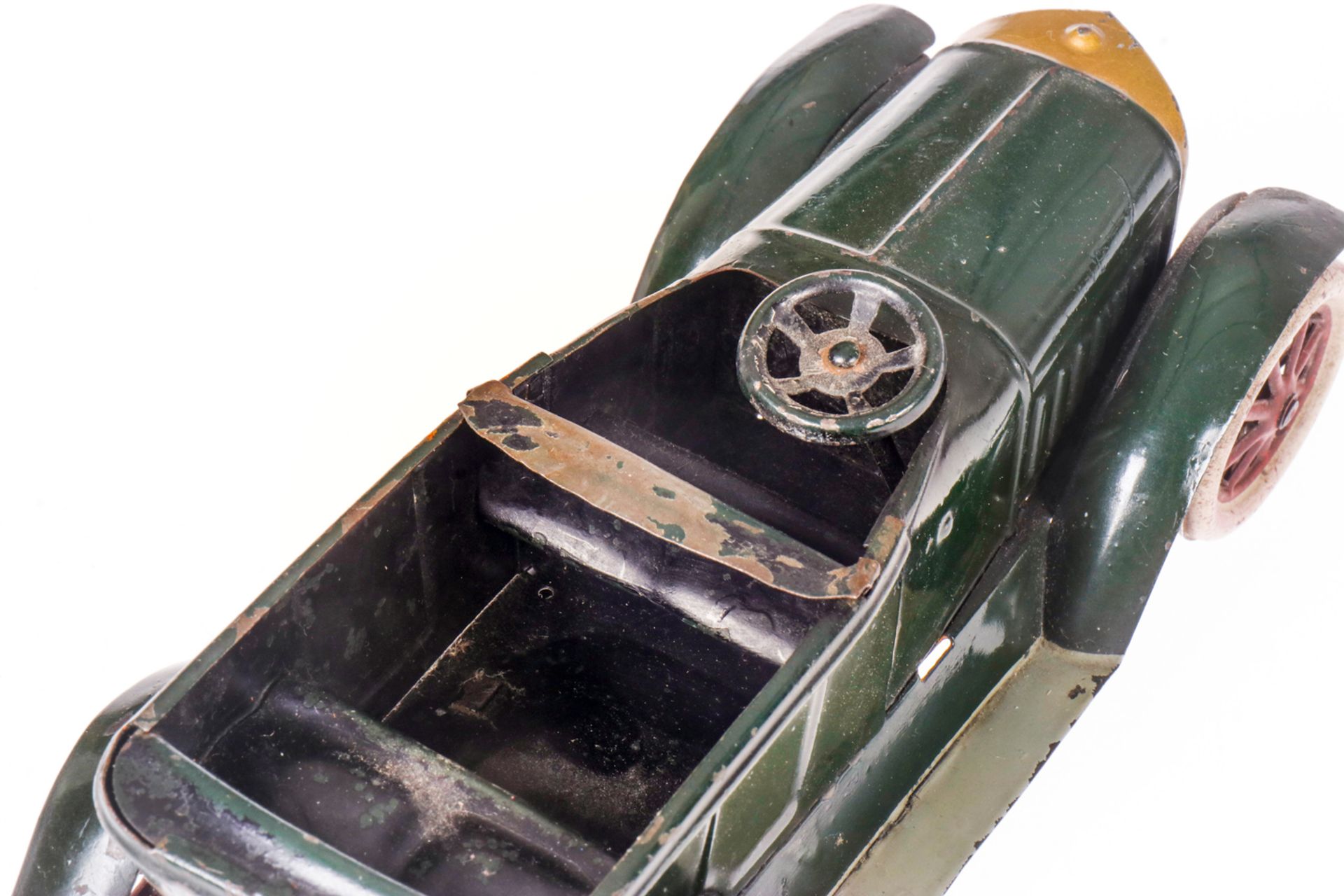 Märklin offener Viersitzer 5228/1, um 1925, racing green, handlackiert, Uhrwerk intakt, Lenkung - Bild 4 aus 5