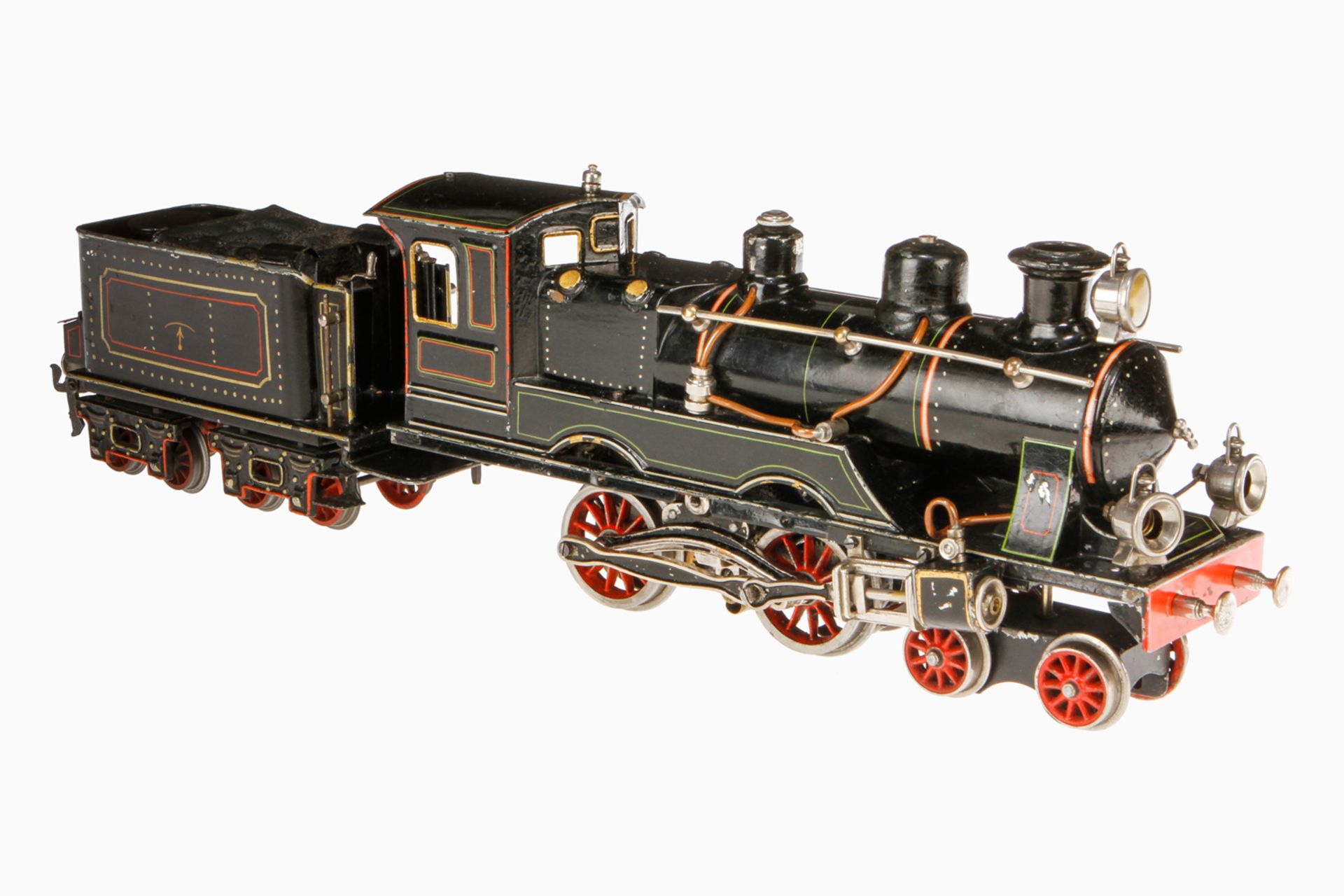 Märklin 2-B Dampflok FE 3021 mit 4A Tender, Spur 1, fein handlackiert, um 1905, alter Bügelmotor, - Bild 2 aus 5