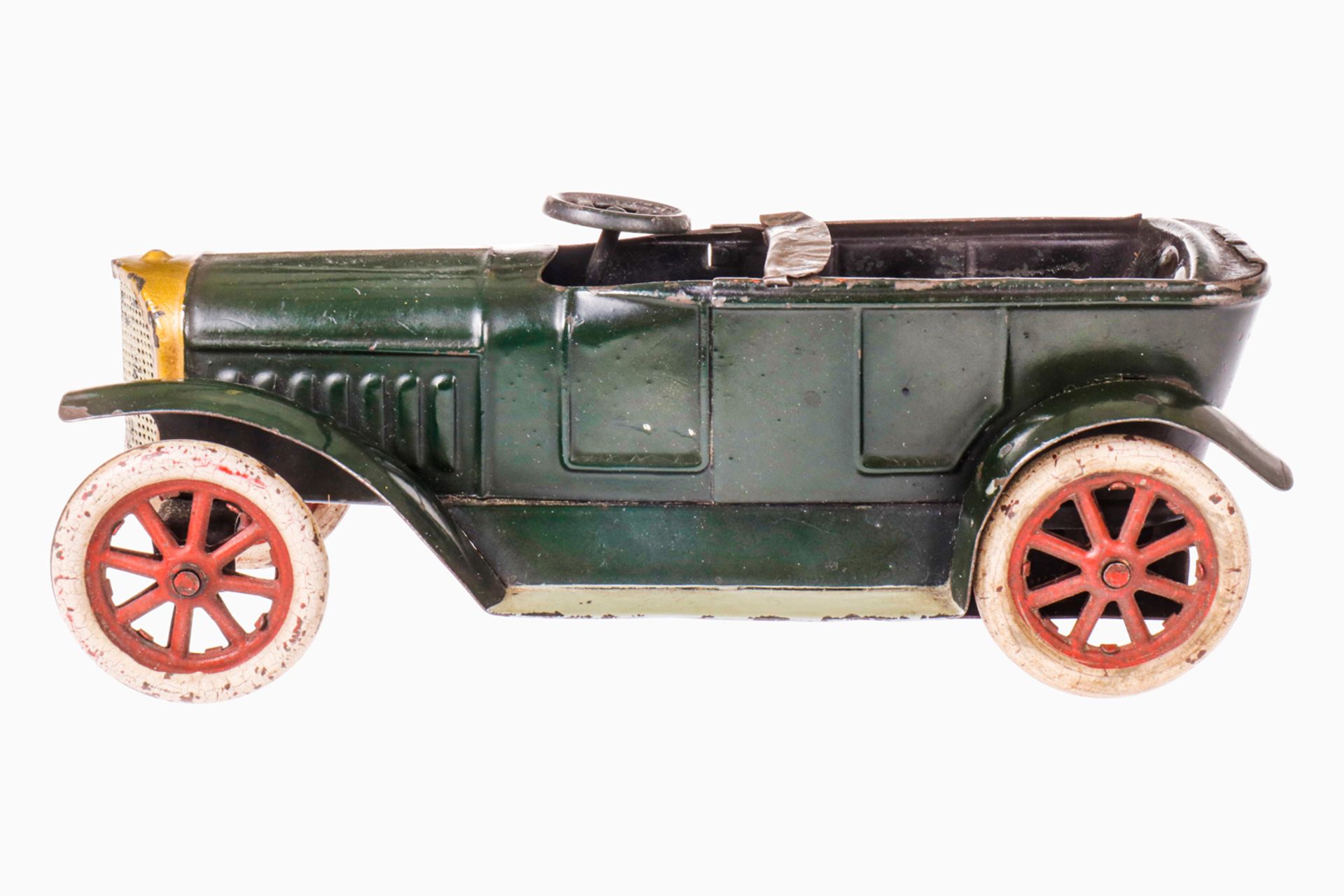 Märklin offener Viersitzer 5228/1, um 1925, racing green, handlackiert, Uhrwerk intakt, Lenkung - Bild 3 aus 5