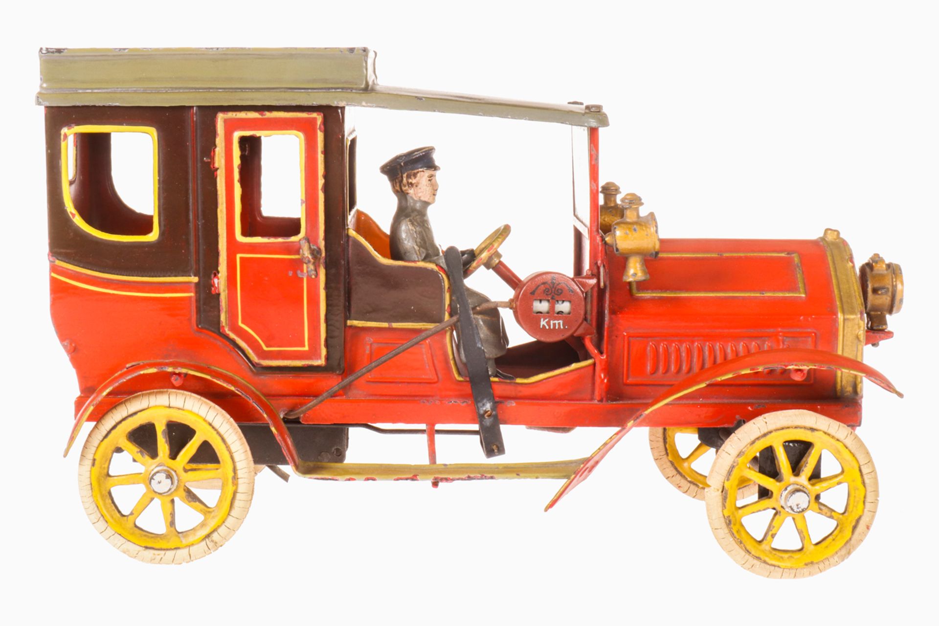 Bing Taxi, um 1905, rot handlackiert, mit Fahrer, Taxameter und 3 Scheinwerfern, 2 Türen zum Öffnen, - Bild 4 aus 6