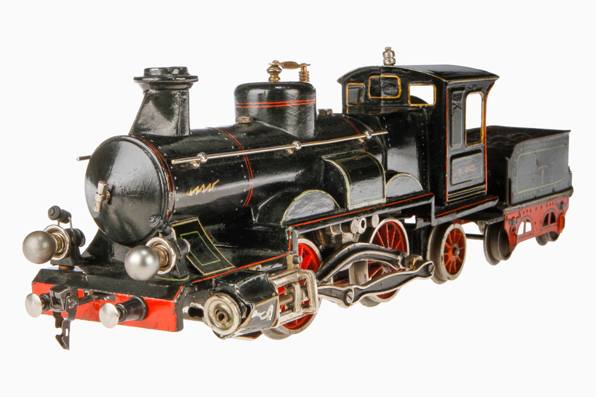 Märklin B-1 Dampflok D 3021 EB mit 2A Tender, Spur 1, handlackiert, um 1906, v+r, spitzes Führerhaus