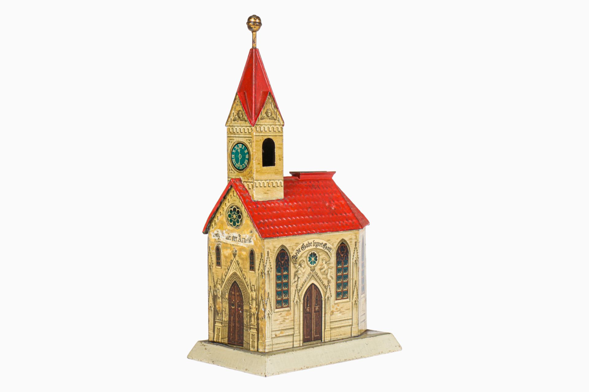 Kirche als Spardose mit Glocke und Turm, uralt, handlackiert, wohl Rock & Graner, Länge 17 cm,