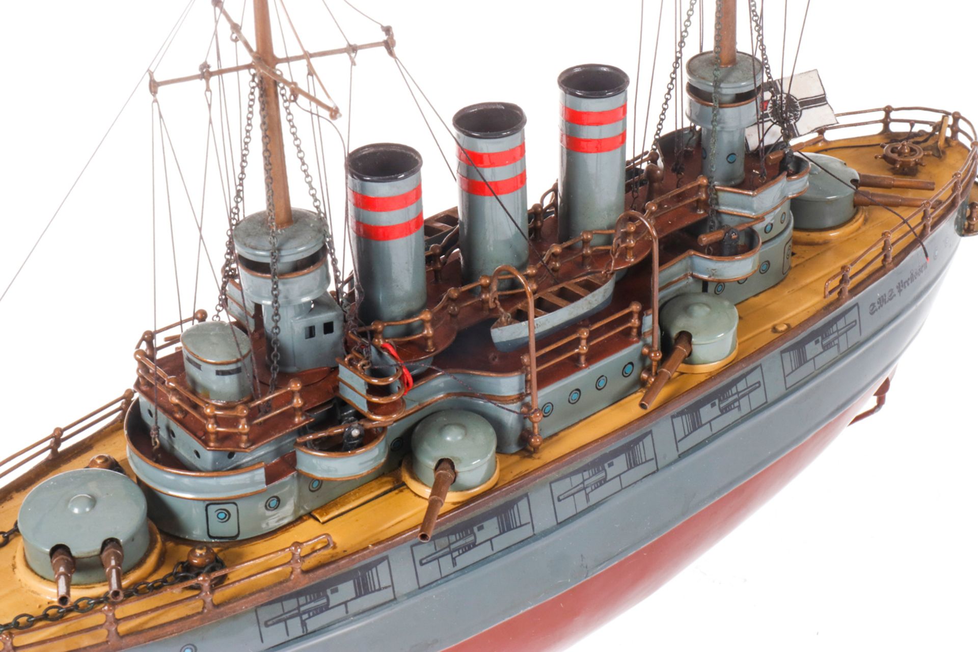 Fleischmann Kriegsschiff "SMS Preußen", Uhrwerk intakt, handlackiert, mit verschiedenen Kanonen, 3 - Bild 2 aus 5