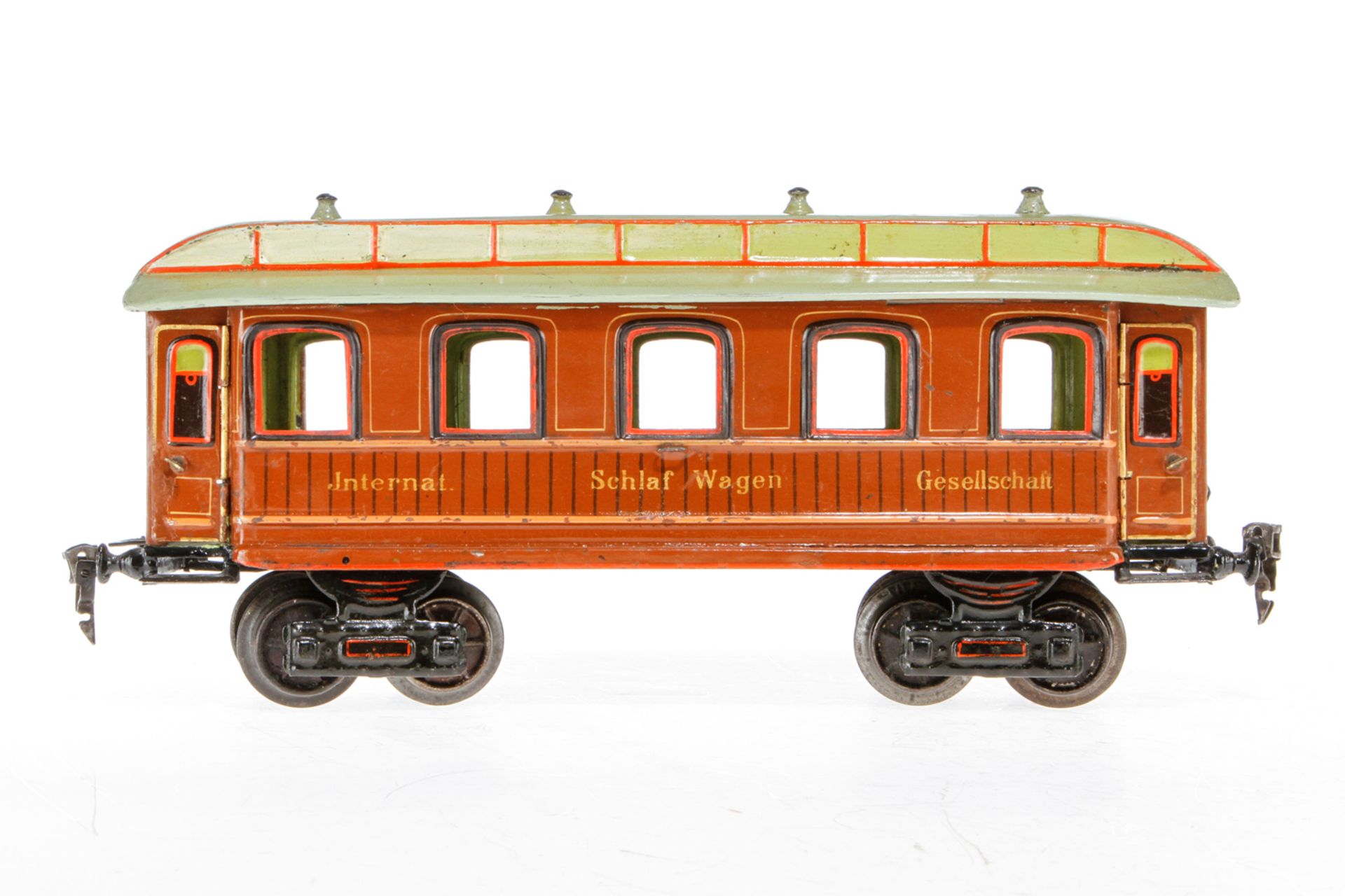 Märklin int. Schlafwagen 1843, S 1, uralt, handlackiert, mit 4 AT, ohne Inneneinrichtung und