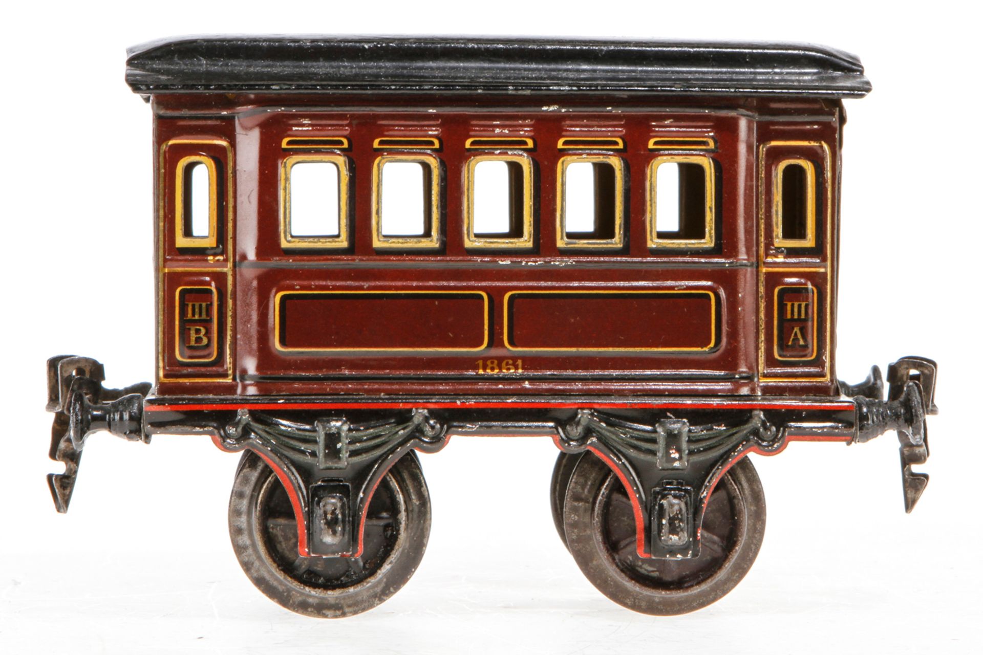 Märklin Personenwagen 1861, S 1, uralt, rotbraun CL, Lackschäden und gealterter Lack, L 15, Z 2-3