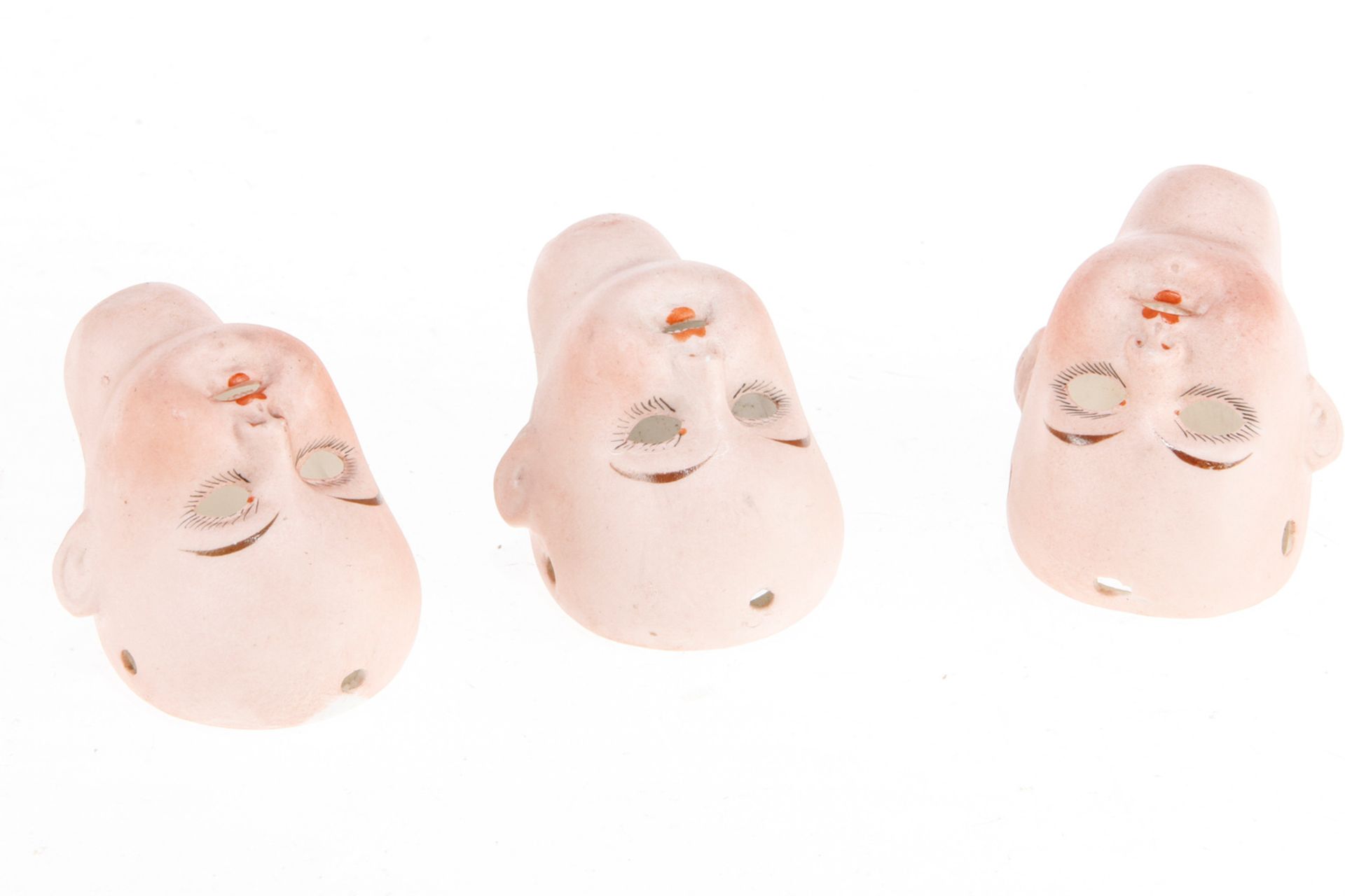 3 Porzellan Puppenköpfe, offener Mund mit Zähnen, H 6,5