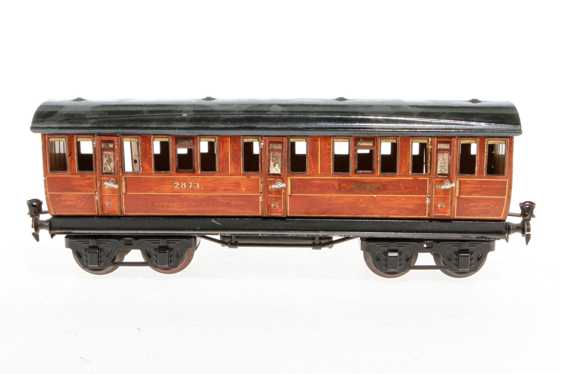 Märklin engl. Abteilwagen 2873 LNER, S 1, Chromlithographie, mit 6 AT, 1 Türgriff fehlt, Lackschäden