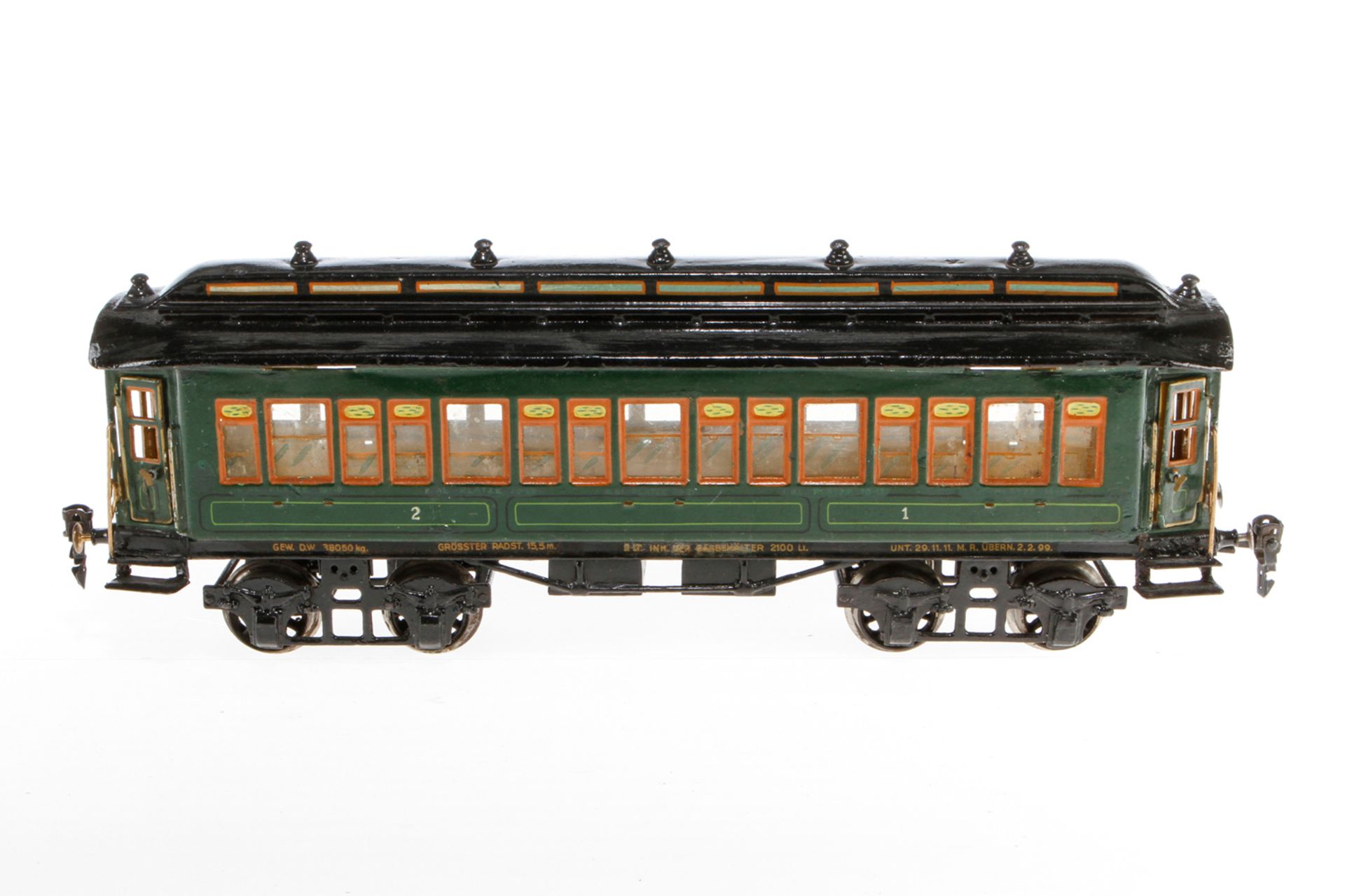 Märklin Personenwagen 1931, S 1, handlackiert, mit 4 AT und Gussrädern, Dach ÜL, Lackschäden