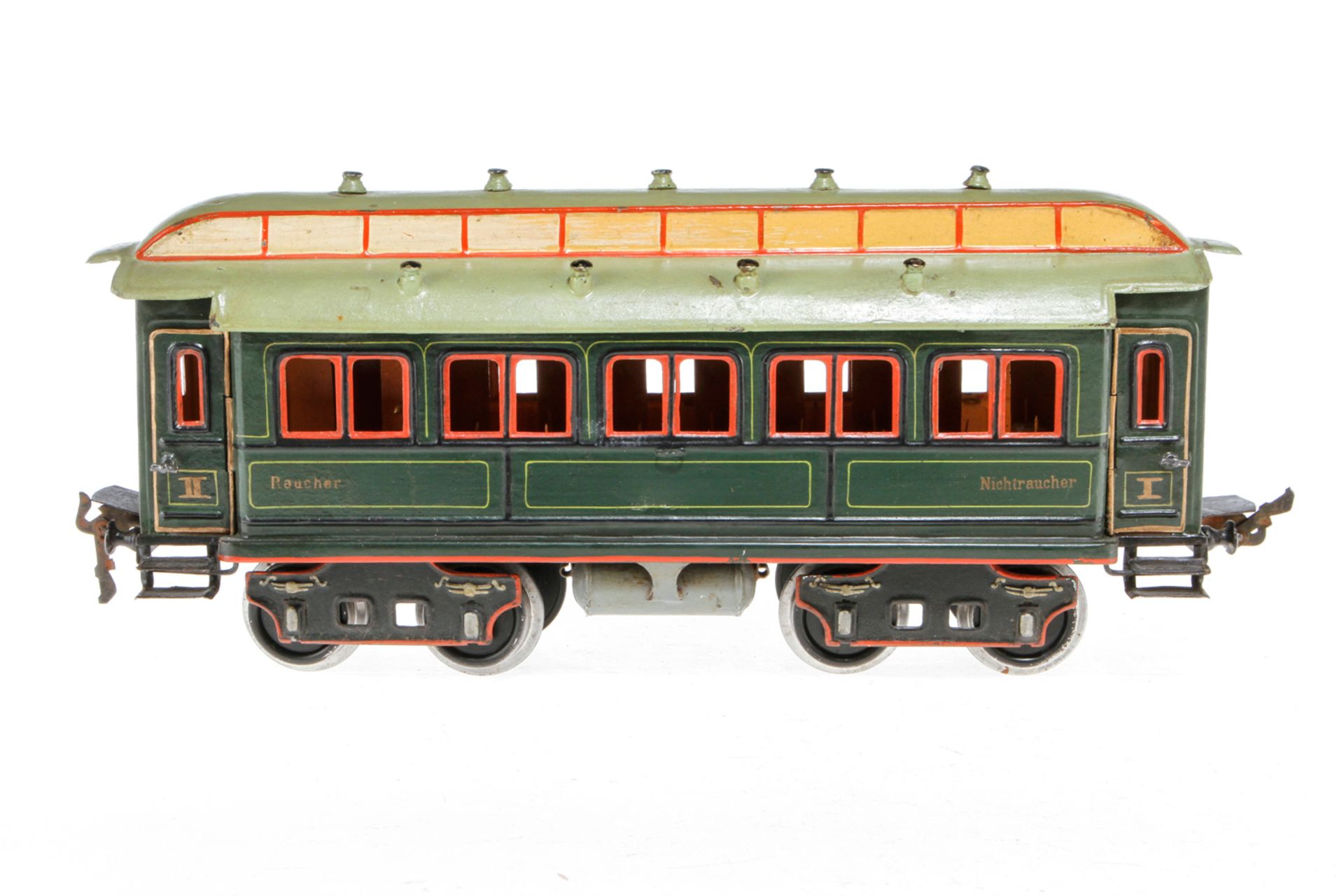 Märklin Personenwagen 1841, S 2, uralt, handlackiert, mit Inneneinrichtung und 4 AT, meist farbl.