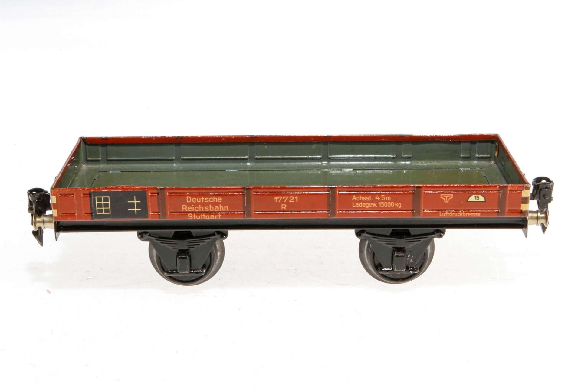 Märklin Niederbordwagen 1764, S 1, Chromlithographie, Lackschäden und gealterter Lack, L 24,