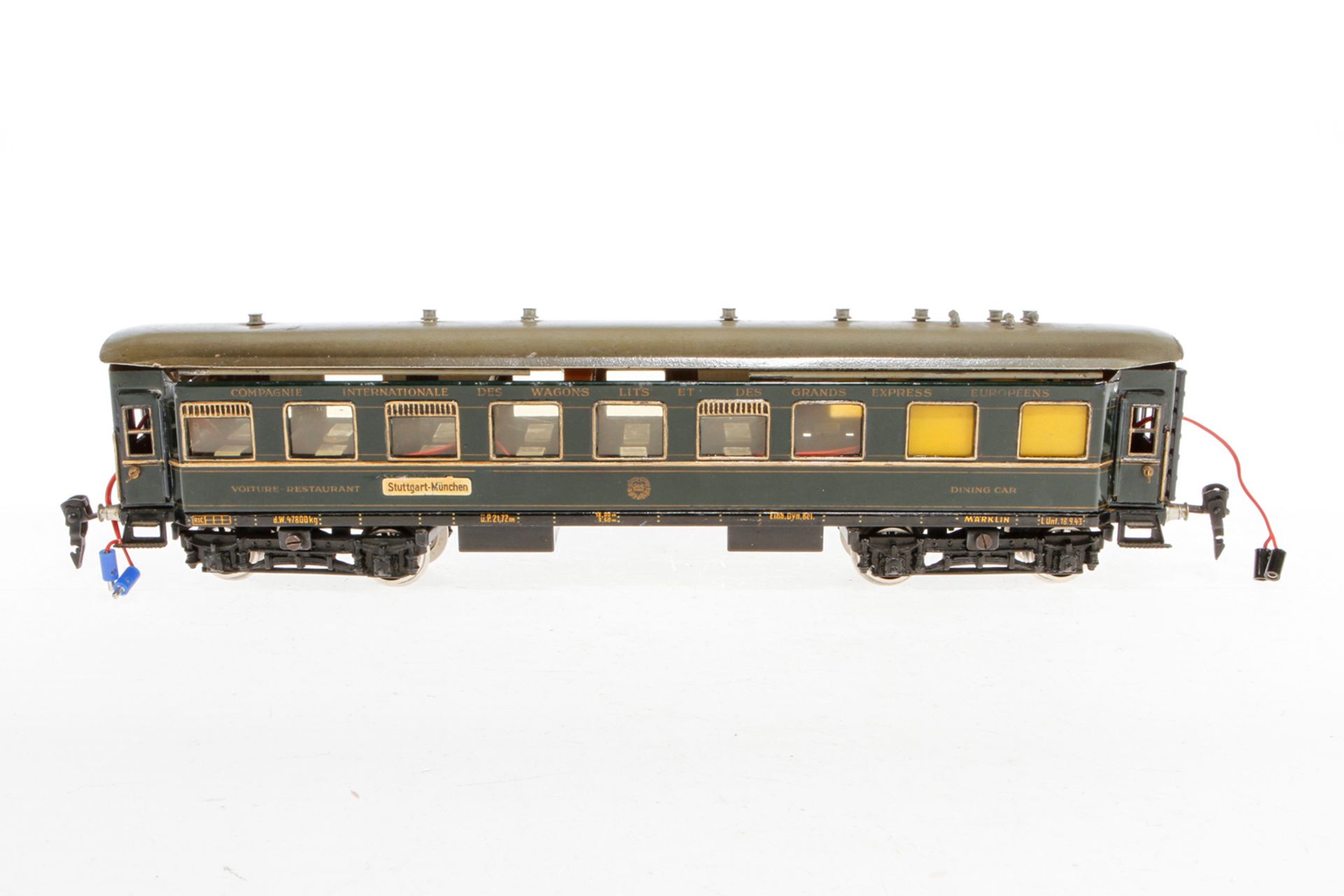 Märklin int. Speisewagen 1942 JG, S 0, blau, mit Inneneinrichtung, 4 AT und Gussrädern, 1 Schild