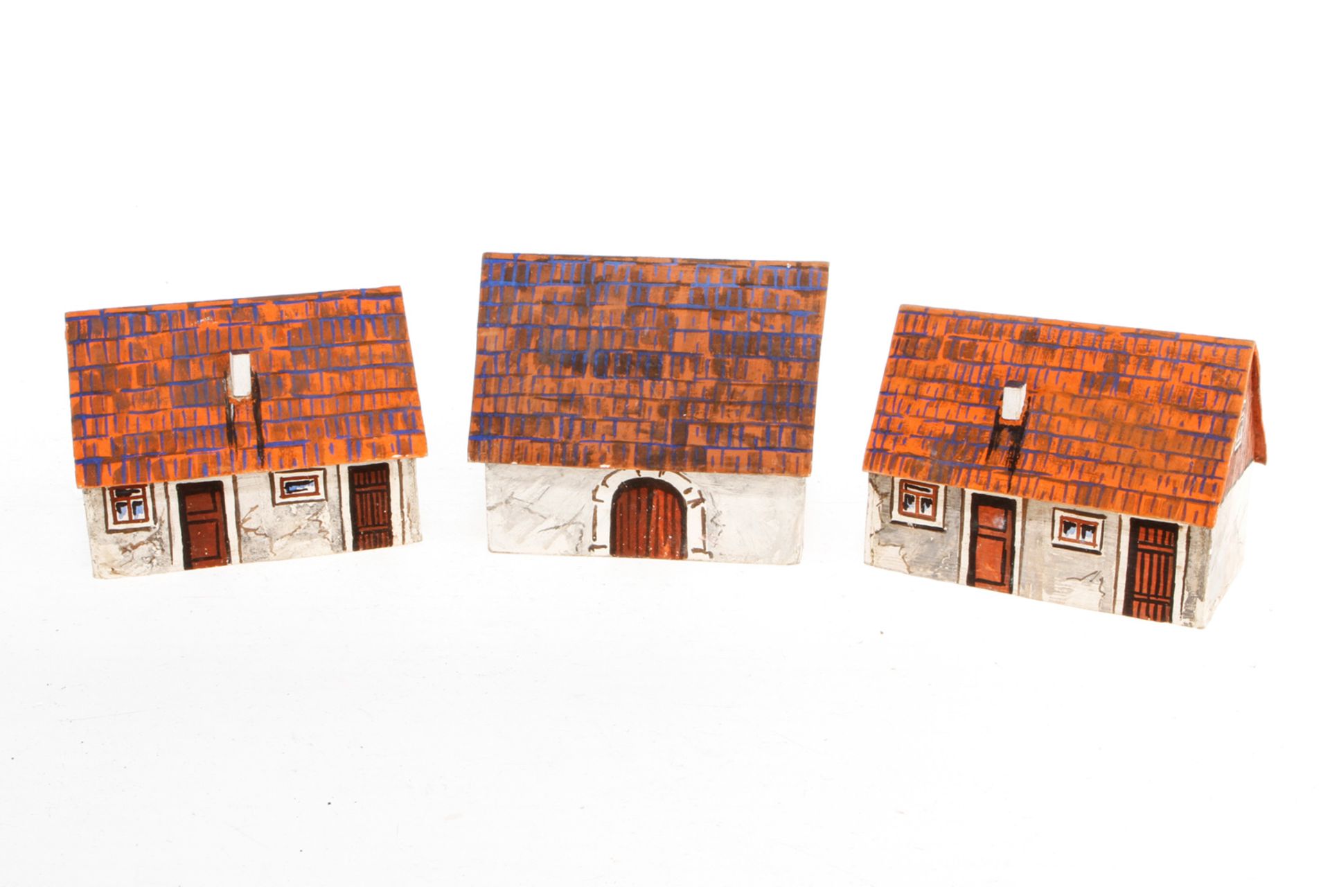 3 Erzgebirge Häuser, Holz/Pappe, handlackiert, L 12