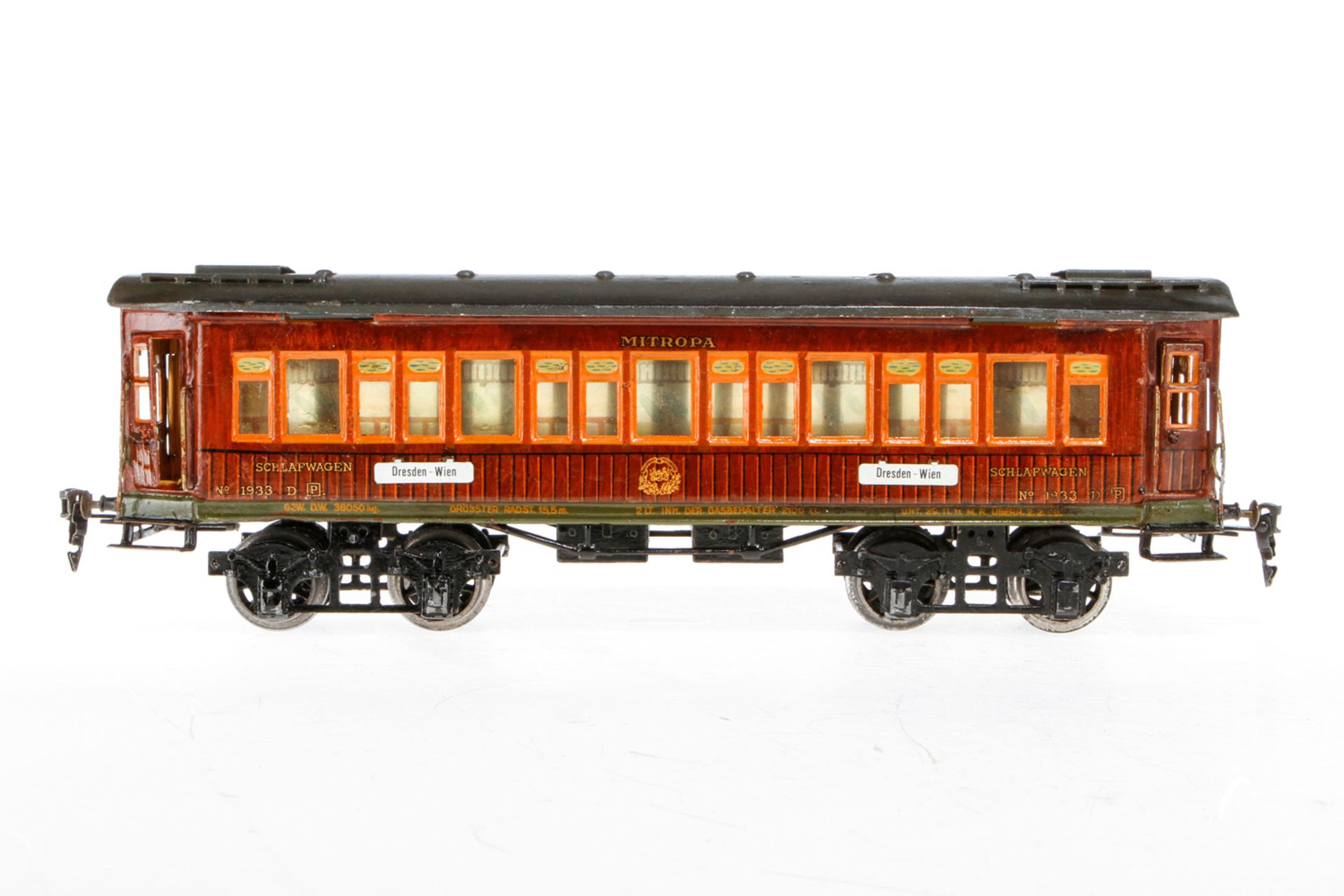 Märklin Mitropa Schlafwagen 1933, S 1, handlackiert, mit 4 AT, NB-Schildern und Gussrädern,