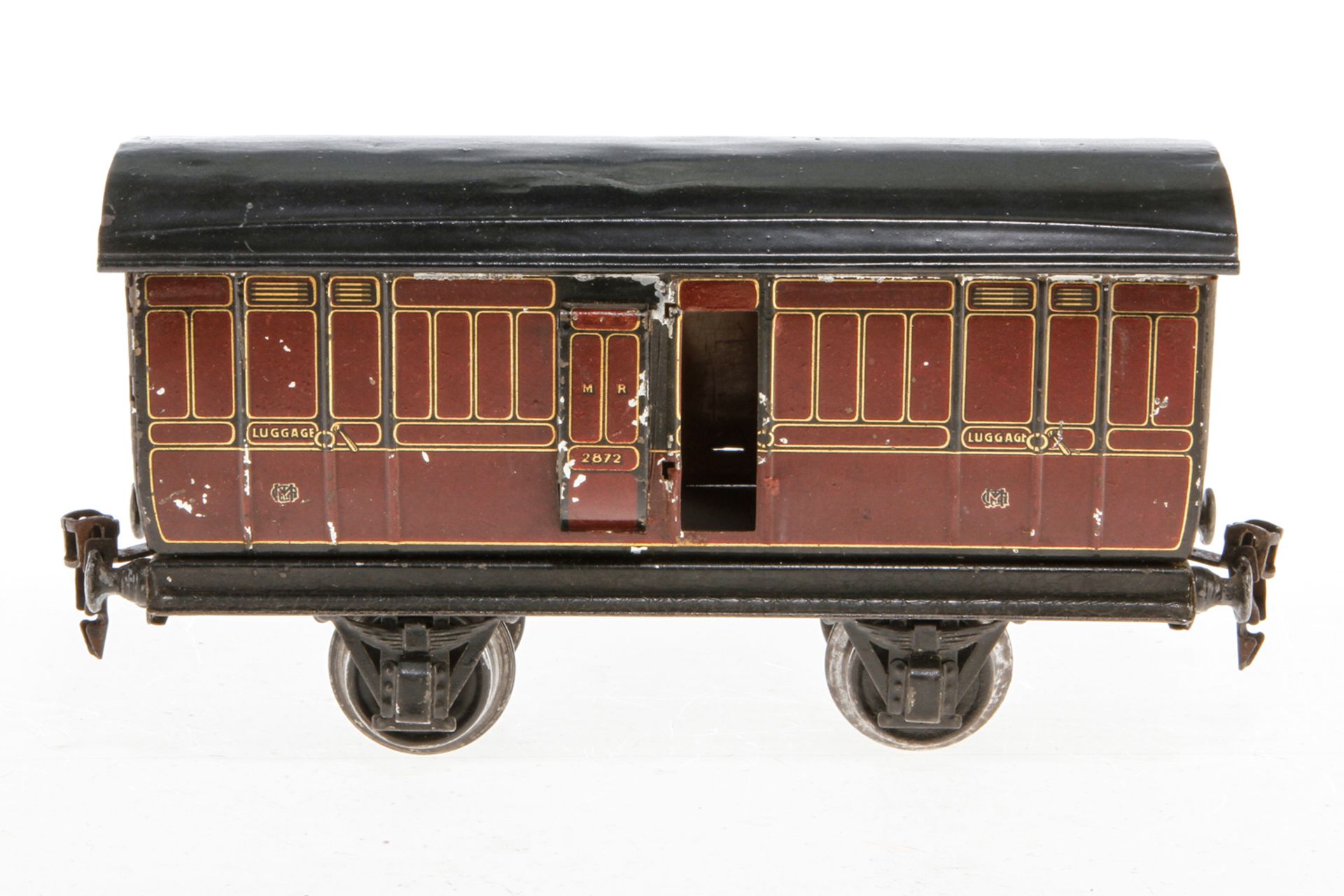 Märklin engl. Gepäckwagen 2872 MR, S 1, Chromlithographie, Türen fehlen, Dach rest., L 22, als