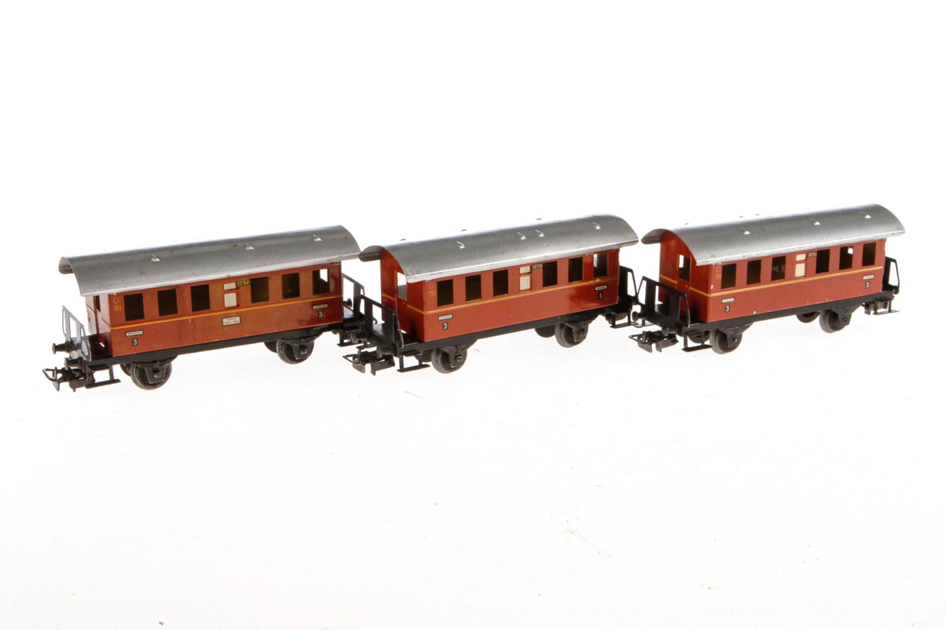 3 Märklin Wagen 327/2, S H0, Blech, braun, Lackschäden, L 11,5, Z 3