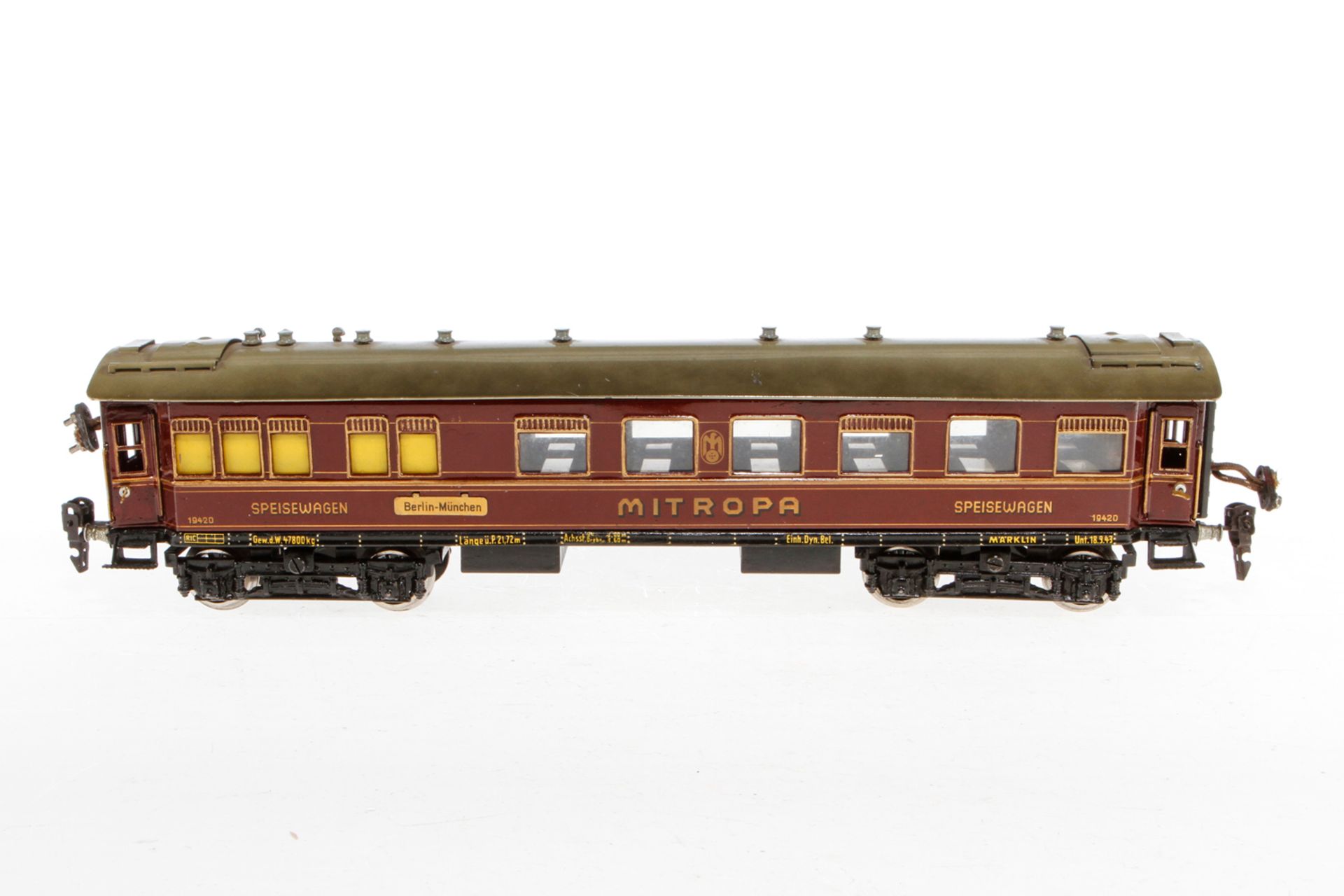 Märklin Mitropa Speisewagen 1942 G, S 0, rot, mit Inneneinrichtung, Beleuchtung, 4 AT, Schildern und