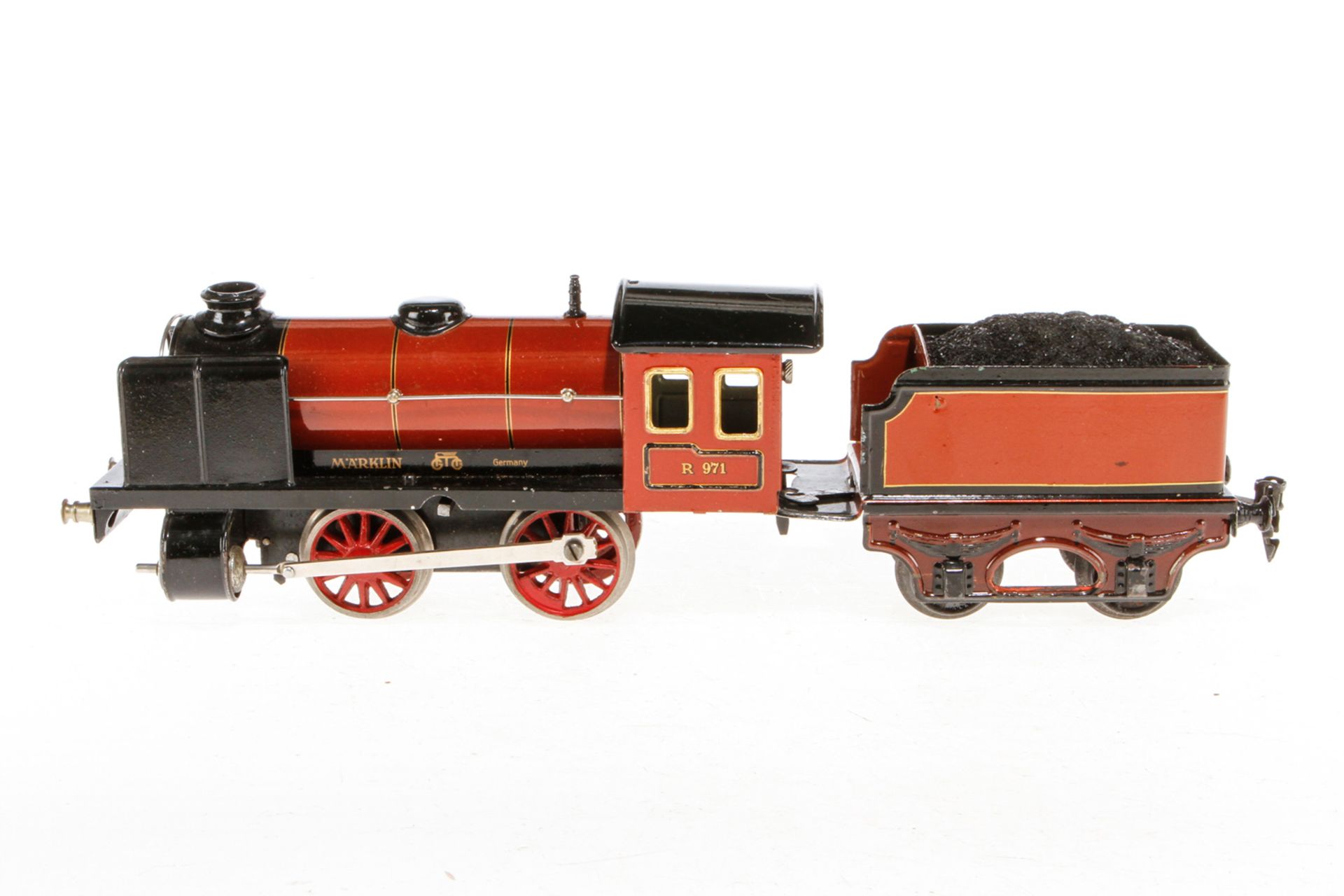 Märklin B-Dampflok R 971, S 1, Uhrwerk intakt, braun/schwarz, mit Tender und kW, Lackschäden und