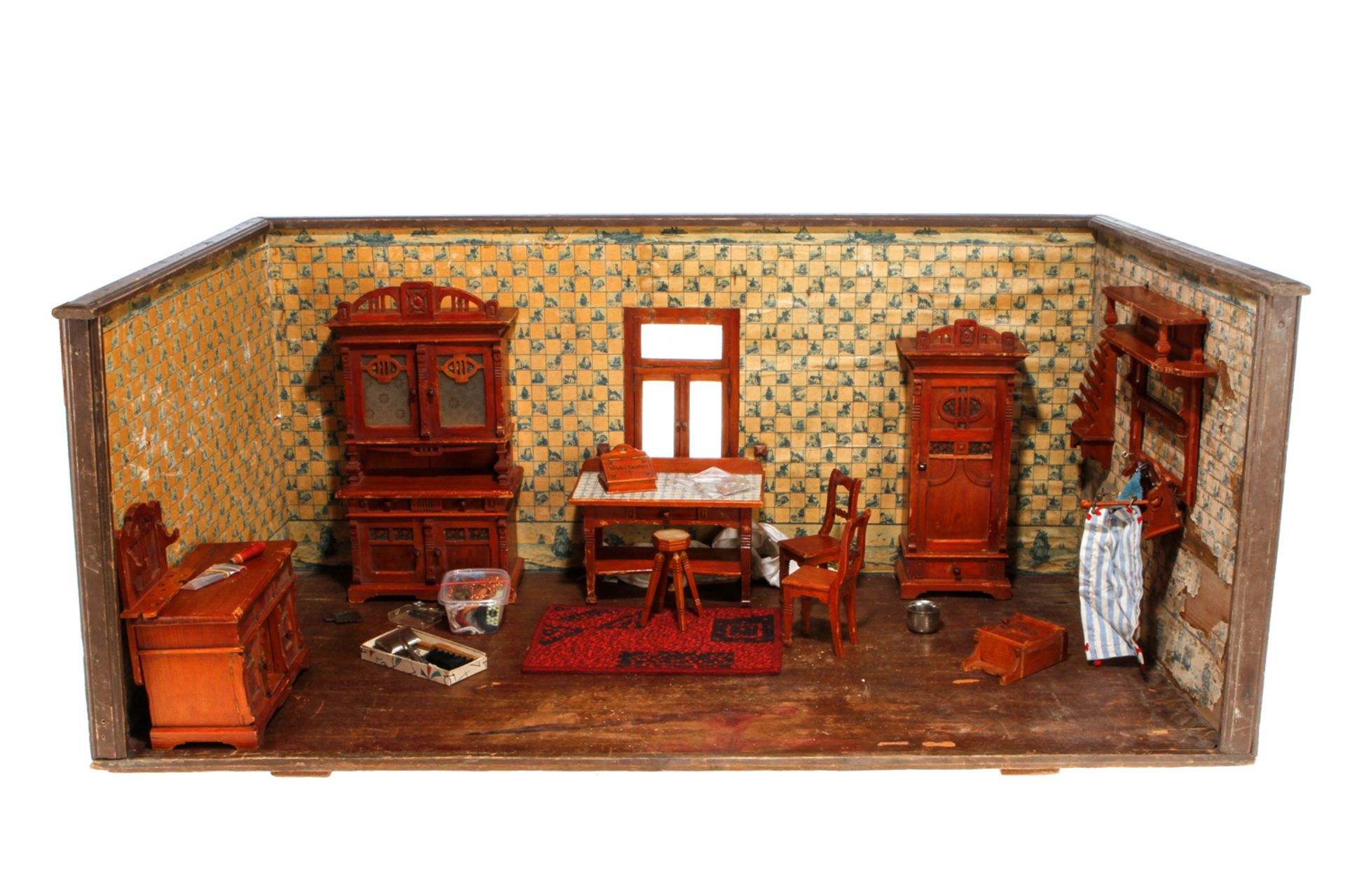 Großes Puppenstubenzimmer, Holz, mit Tapeten und Einrichtung, 116,5 x 60 x 49, kein Versand möglich